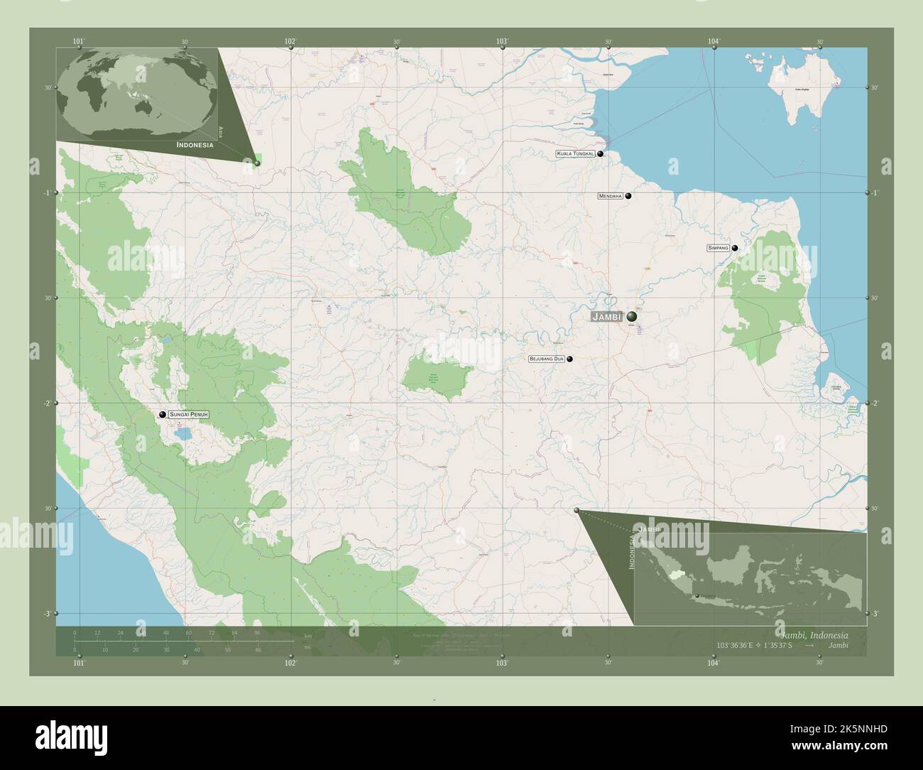 Jambi, provincia dell'Indonesia. Aprire la mappa stradale. Località e nomi delle principali città della regione. Mappe delle posizioni ausiliarie degli angoli Foto Stock