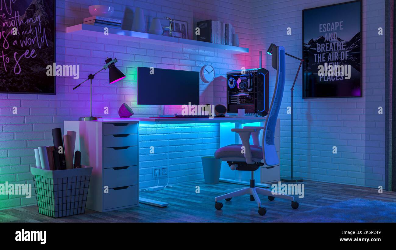 Illuminazione multicolore nel soggiorno. Rendering 3D Foto Stock