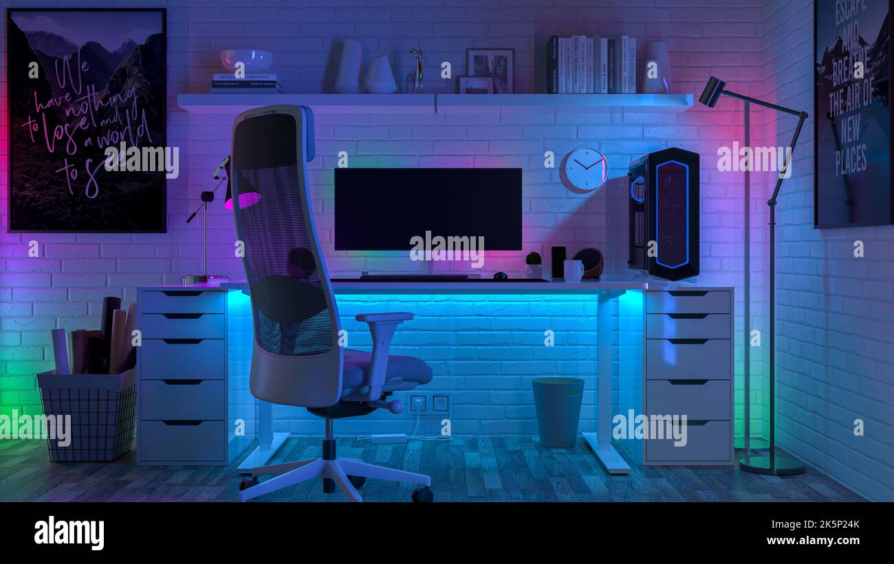 Illuminazione multicolore nel soggiorno. Rendering 3D Foto Stock