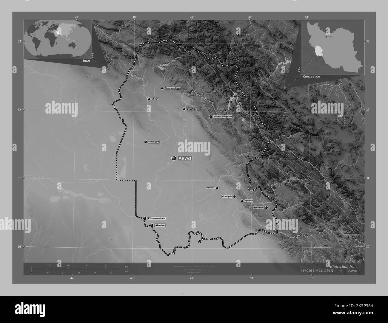 Khuzestan, provincia dell'Iran. Mappa in scala di grigi con laghi e fiumi. Località e nomi delle principali città della regione. Posizione ausiliaria d'angolo Foto Stock