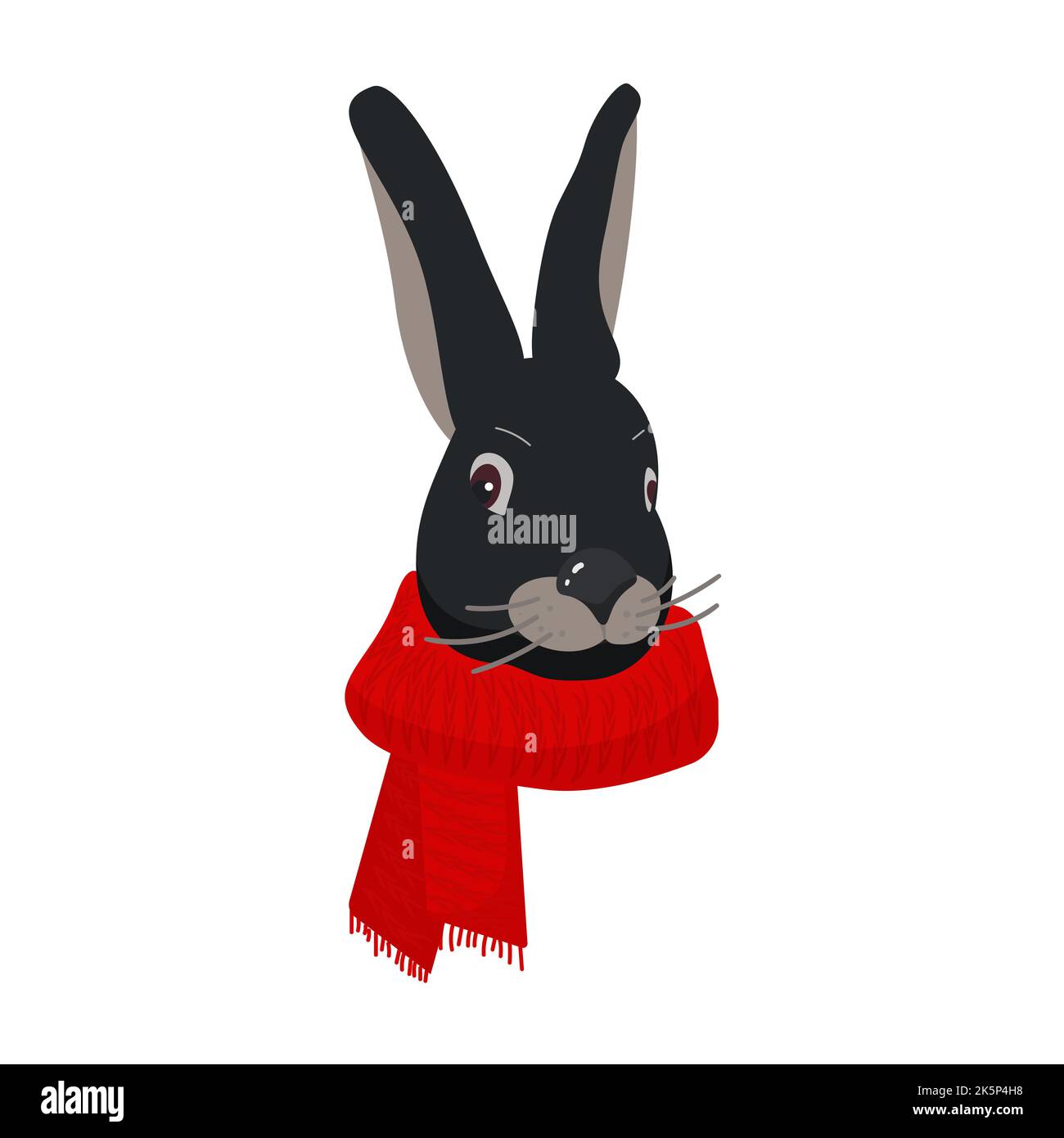 Testa nera di coniglio con sciarpa rossa su fondo bianco. Simbolo dell'anno 2023. Illustrazione vettoriale cartoon art Illustrazione Vettoriale