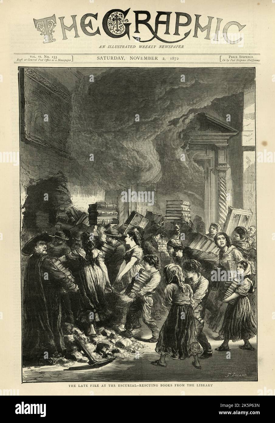 Illustrazione vintage del fuoco al Palazzo Escurial, Spagna, persone che salvano libri dalla Biblioteca, 1872 ° secolo, 19th °. Foto Stock