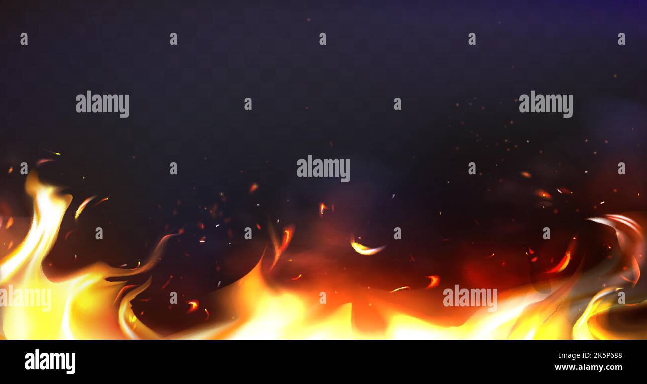 Fuoco con scintille incandescenti, fiamma luminosa e fumo isolato su sfondo scuro. Fiamma calda in falò con particelle di cembre luci e fumi da ignizione realistica illustrazione vettoriale. Illustrazione Vettoriale