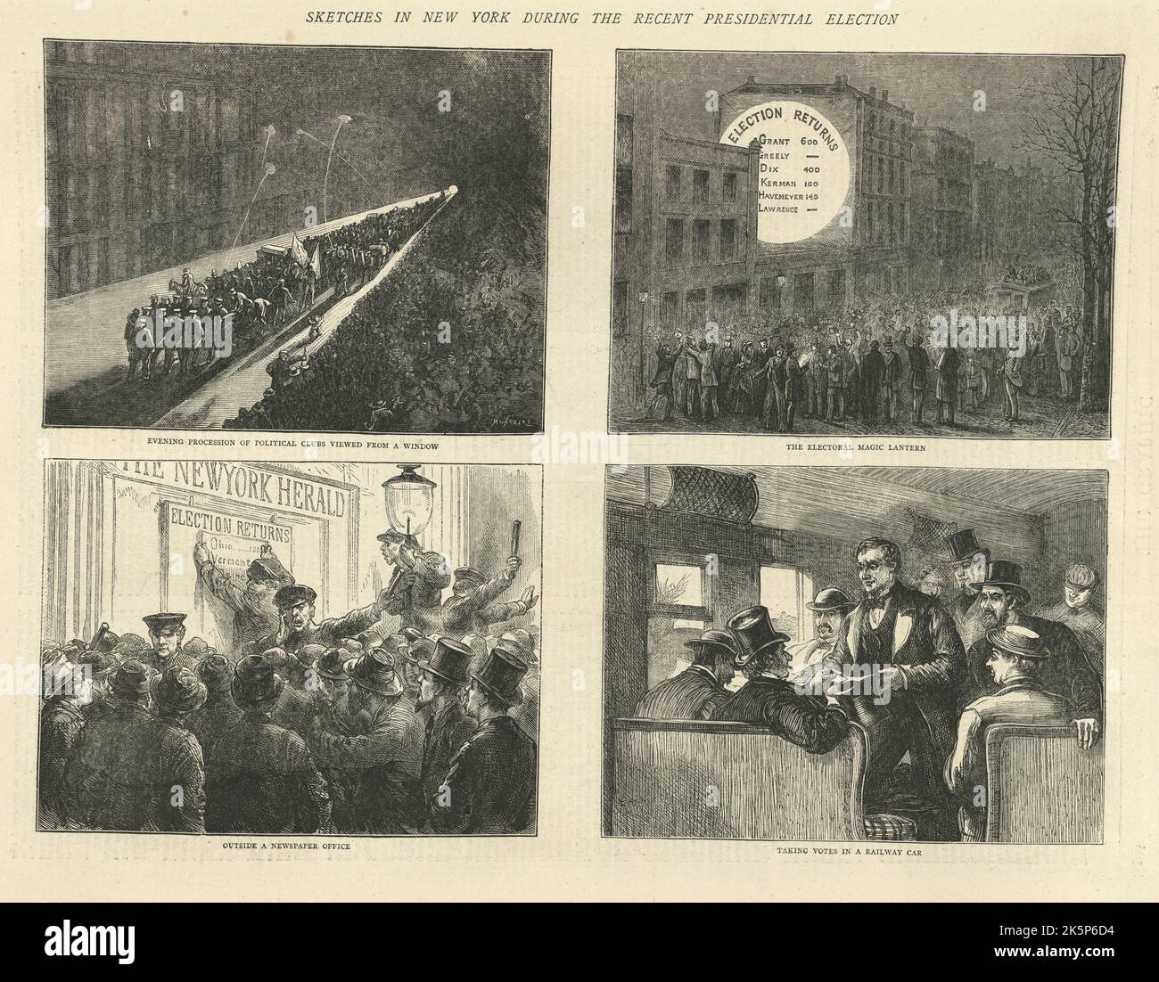 Schizzi a New York durante le elezioni presidenziali degli Stati Uniti del 1872, vittoriano del 19th ° secolo Foto Stock
