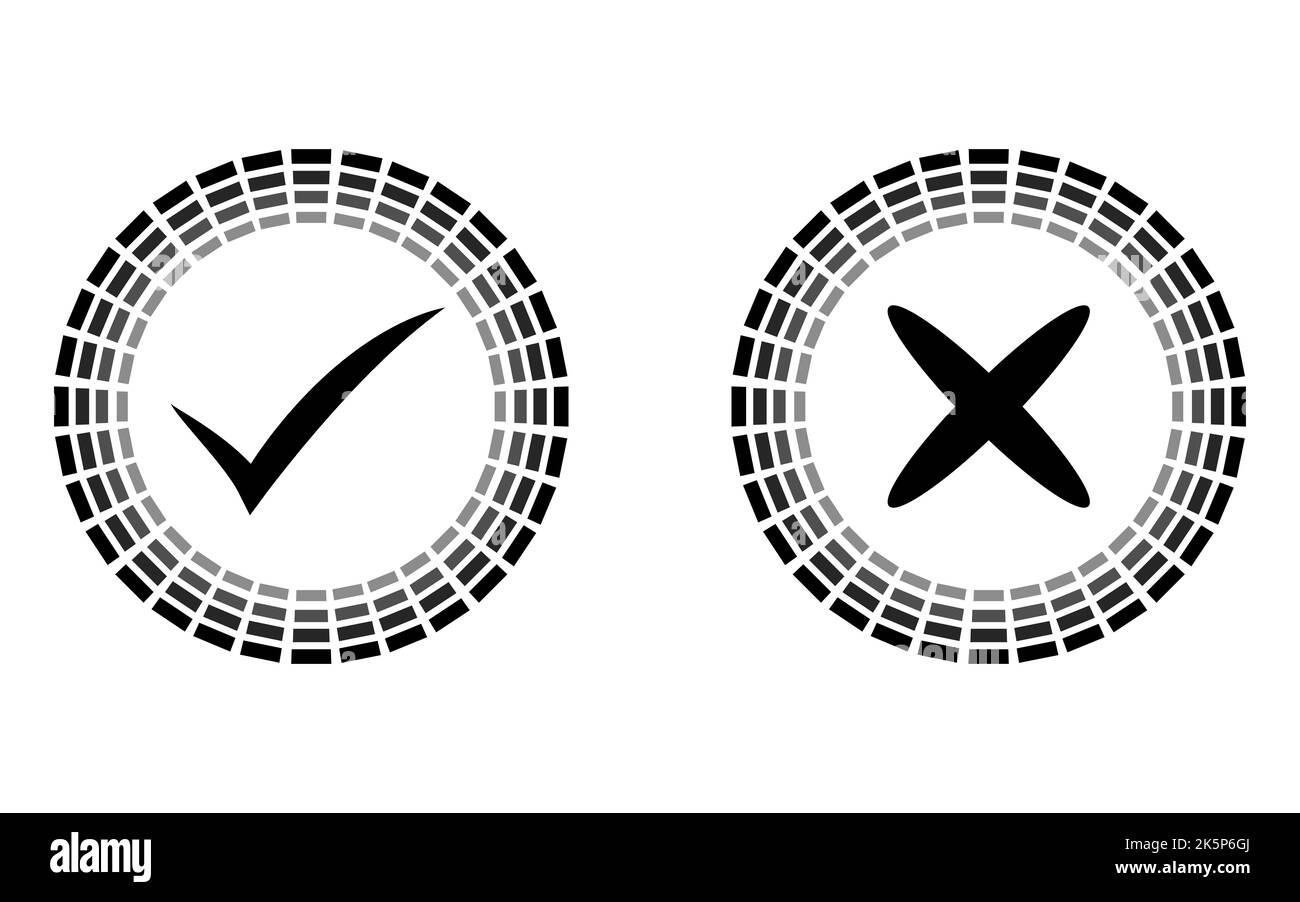 Controllare il set di icone di segni rotondi, isolato in nero su sfondo bianco, Sì No illustrazione. Foto Stock