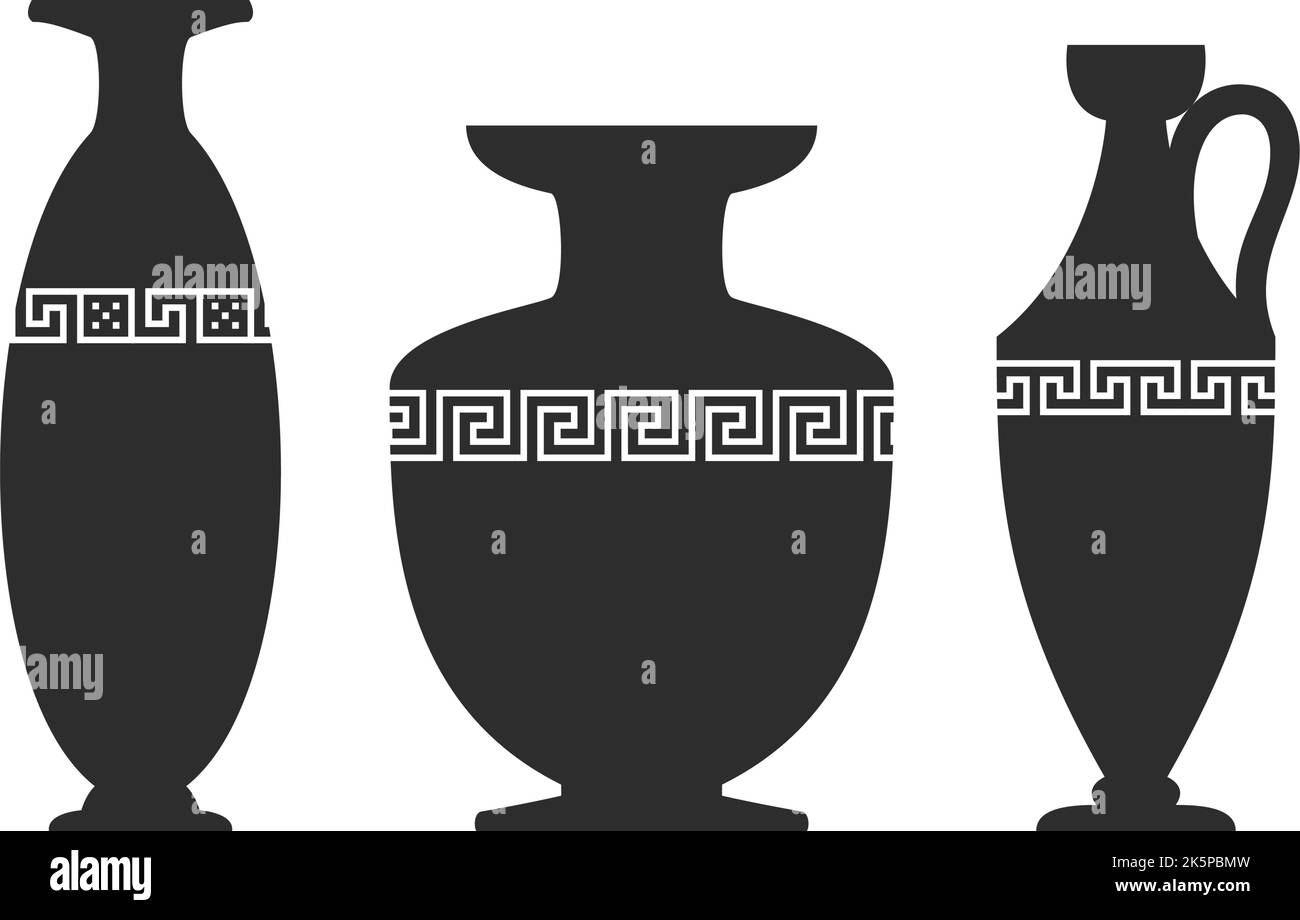 Set di silhouette in vaso. Vari vasi antichi in ceramica. Antiche giare greche e sagome di anfore. Vasi di argilla illustrazione di ceramica. Illustrazione Vettoriale