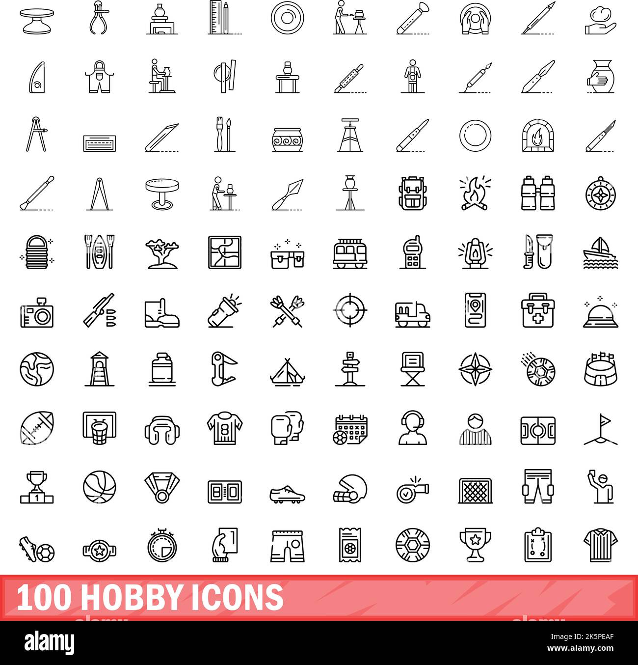 set di 100 icone hobby. Illustrazione di 100 icone hobby set di vettori isolato su sfondo bianco Illustrazione Vettoriale
