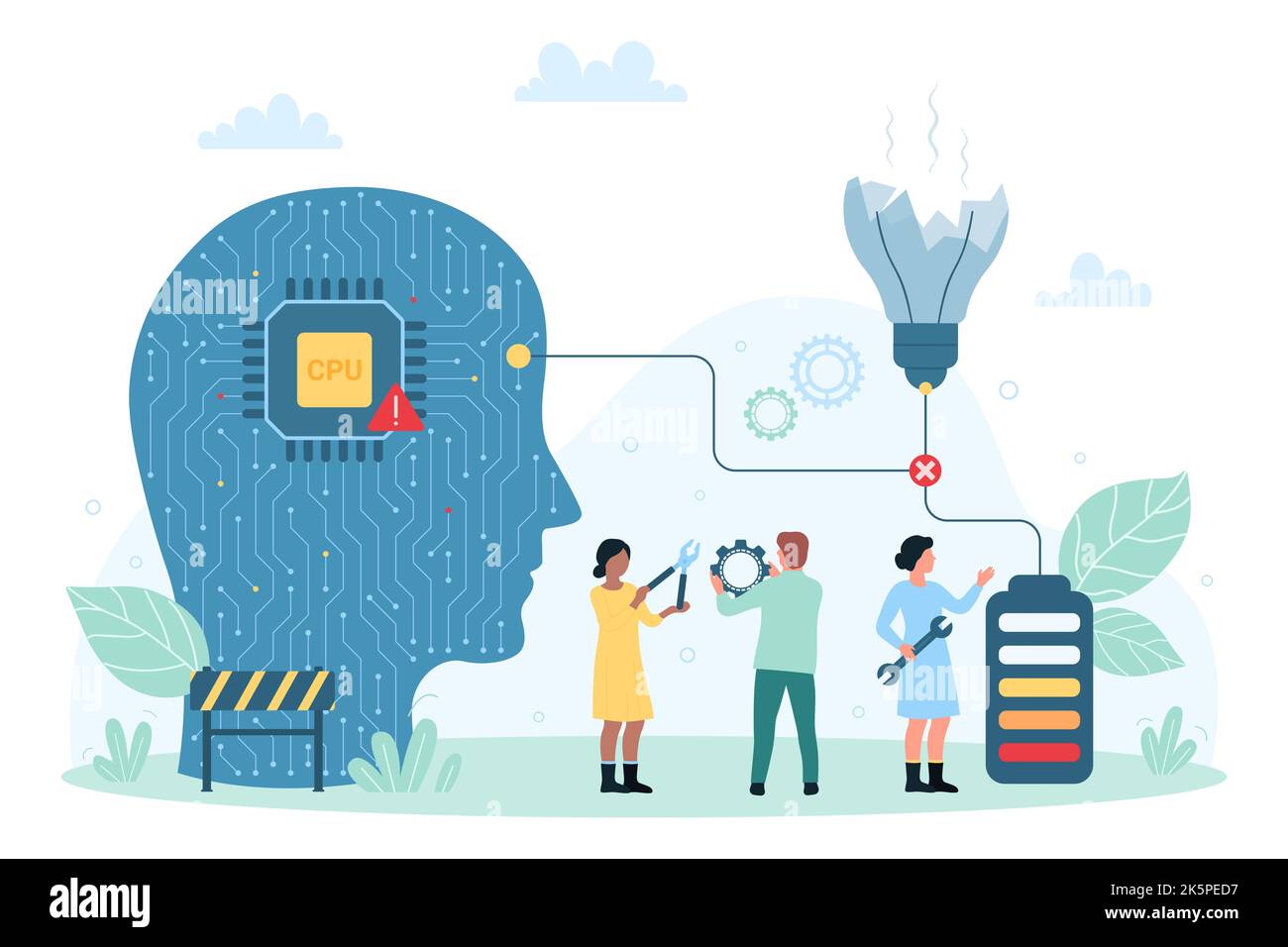 Errore CPU, errore illustrazione vettore componente hardware. Cartoon persone piccole collegare la batteria con la lampadina rotta e processore nel cervello digitale della testa umana astratta, connessione ai fallire Illustrazione Vettoriale