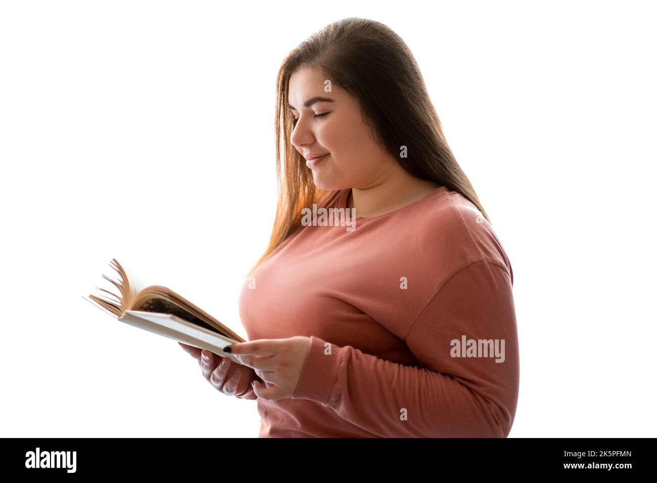 lettura hobby intelligenza chill obese donna libro Foto Stock