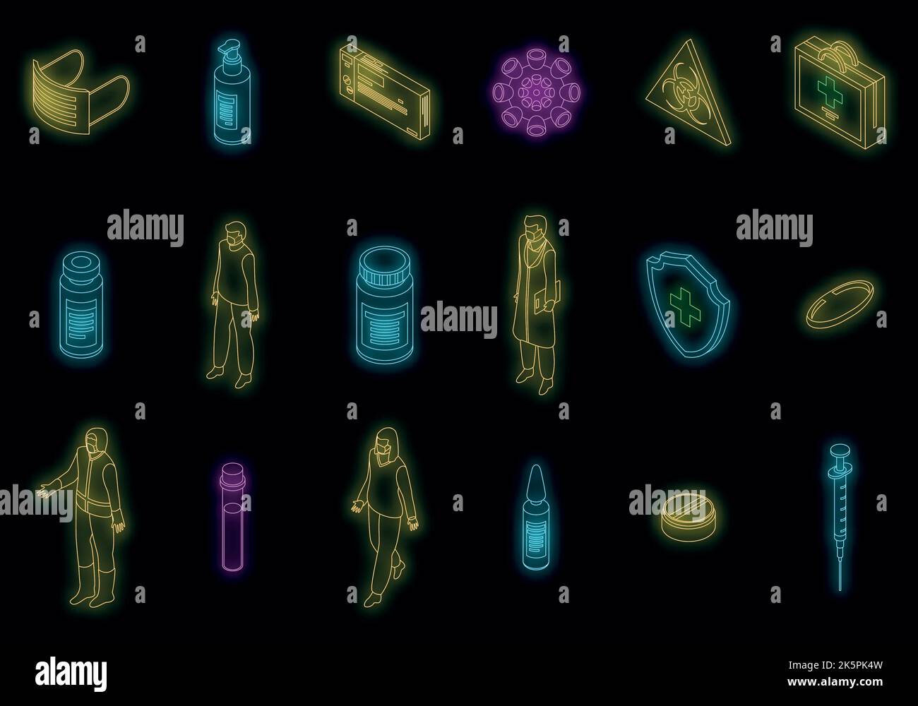 Set di icone coronavirus. Set isometrico di icone vettoriali coronavirus colore neon nero Illustrazione Vettoriale