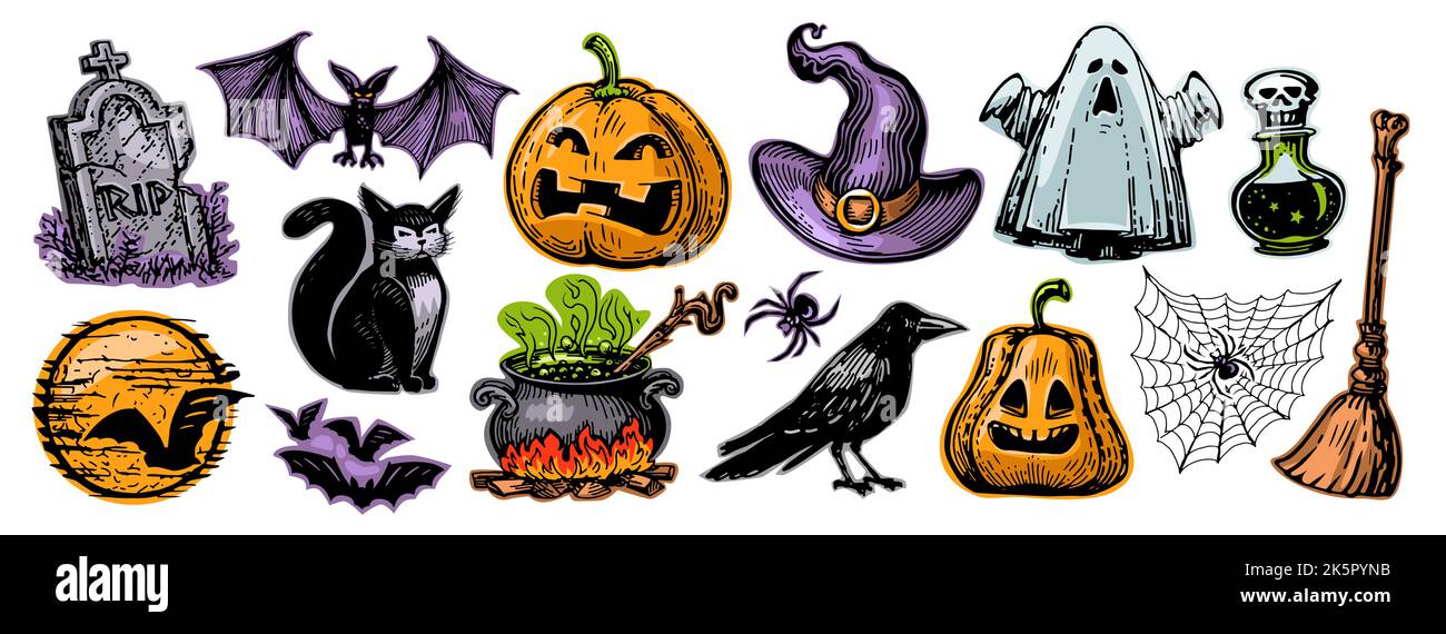 Collezione di decorazioni retrò di Halloween. Insieme di elementi divertenti e spaventosi per le vacanze. Illustrazione del vettore dei colori Illustrazione Vettoriale