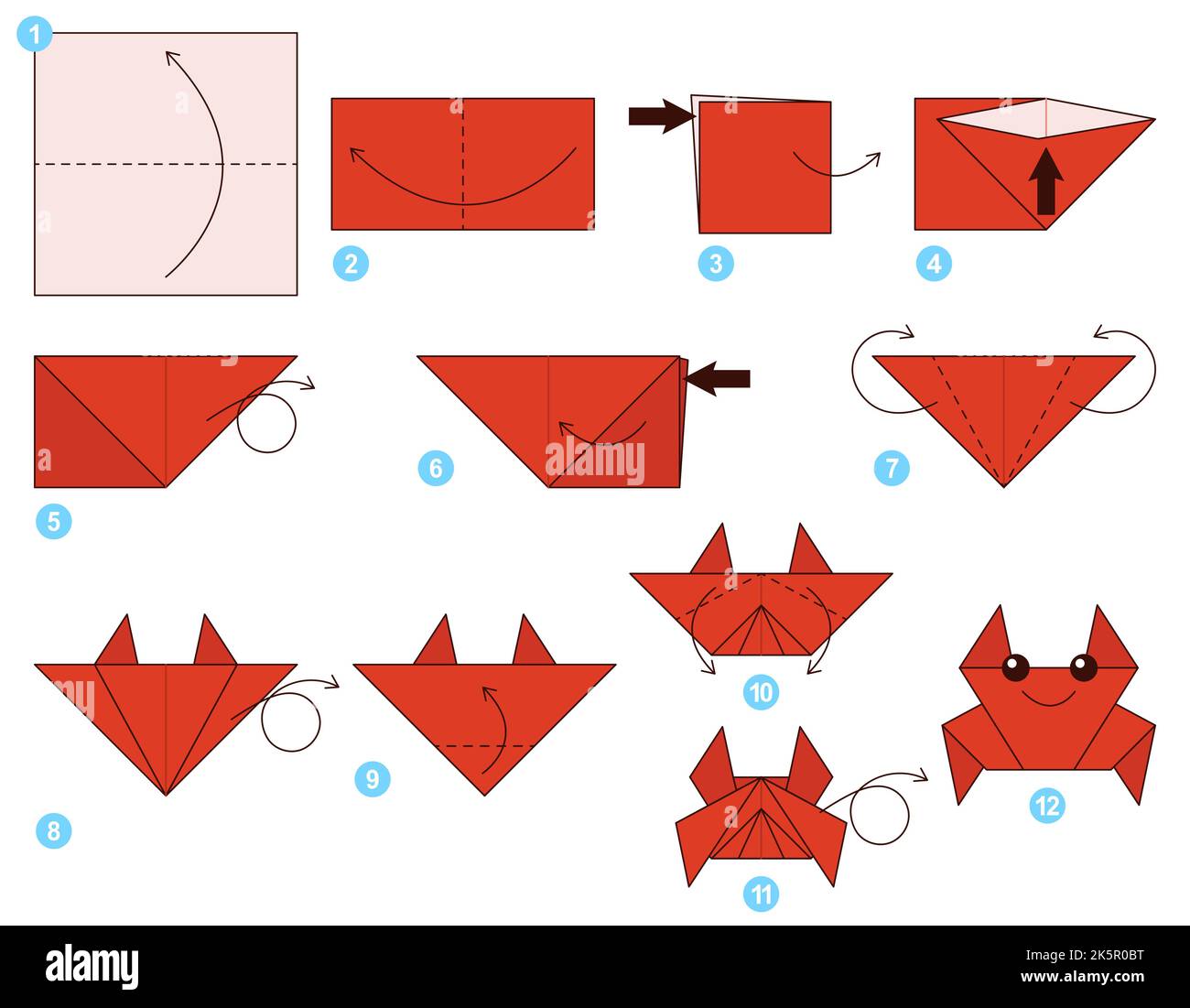 Tutorial Origami. Schema Origami per bambini Granchio. Illustrazione Vettoriale