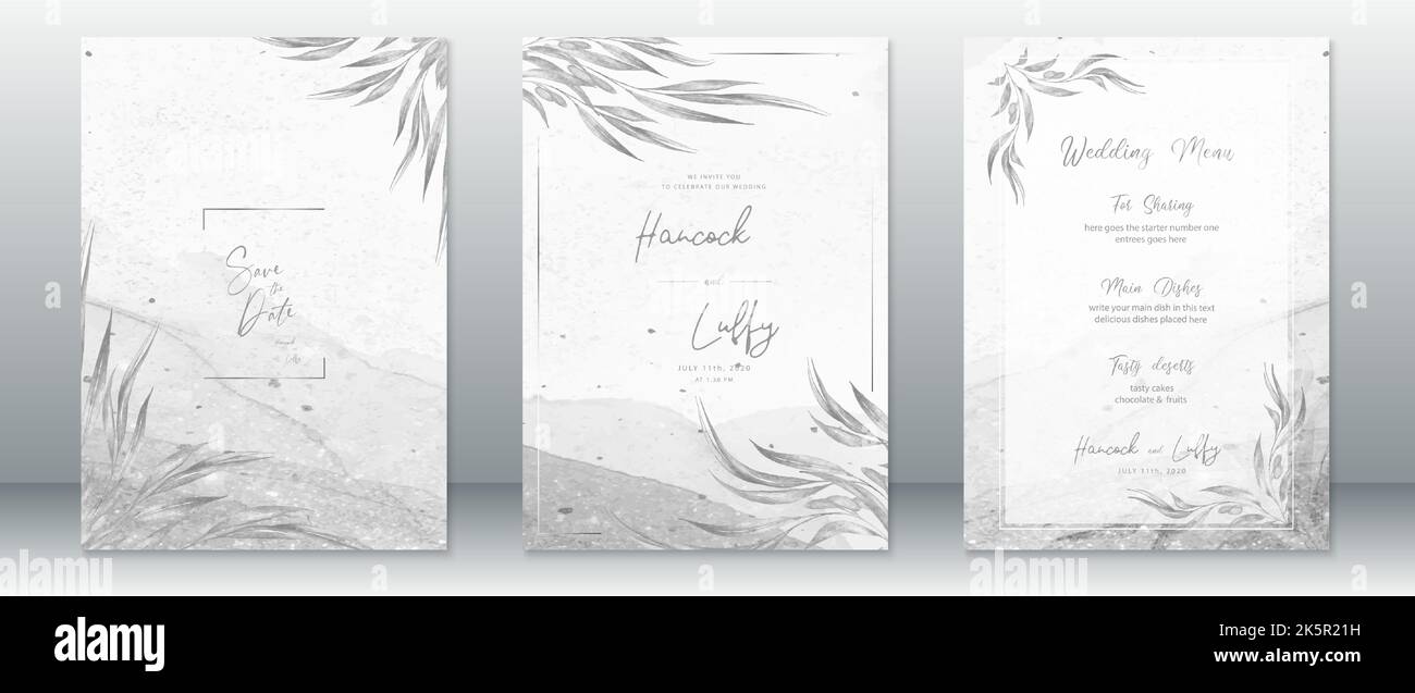 Elegante modello di biglietto d'invito per matrimoni con foglia naturale e sfondo grigio acquerello Illustrazione Vettoriale