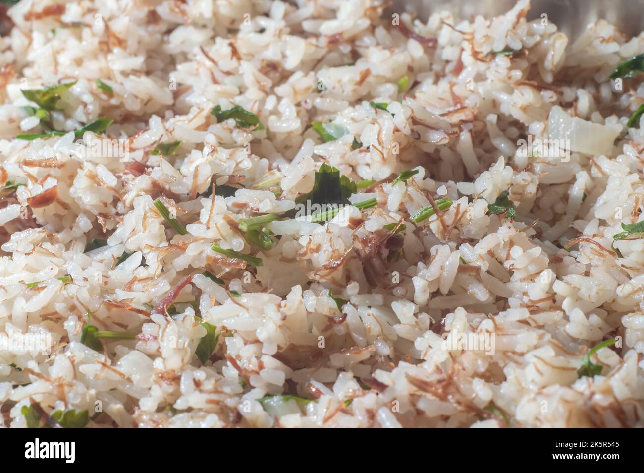 Riso dal Carreteiro texture - cibo tipico del Brasile meridionale, fatto con riso, carne secca. Foto Stock