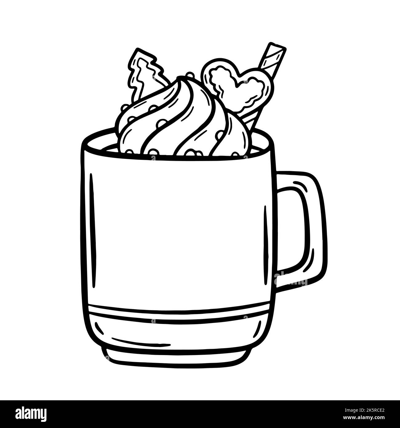 Tazza di Natale con cioccolata calda o caffè con panna montata e panini con waffle. Illustrazioni vettoriali in stile cartoon. Gustoso drink caldo colorazione pagina Illustrazione Vettoriale