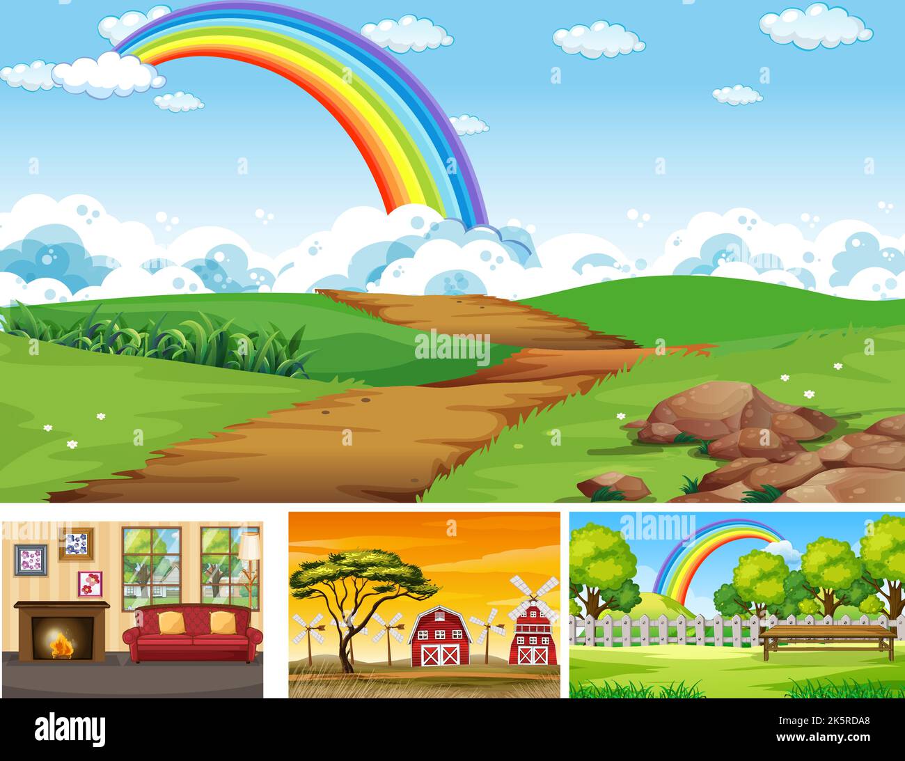 Scene diverse con illustrazione di erba e albero Illustrazione Vettoriale