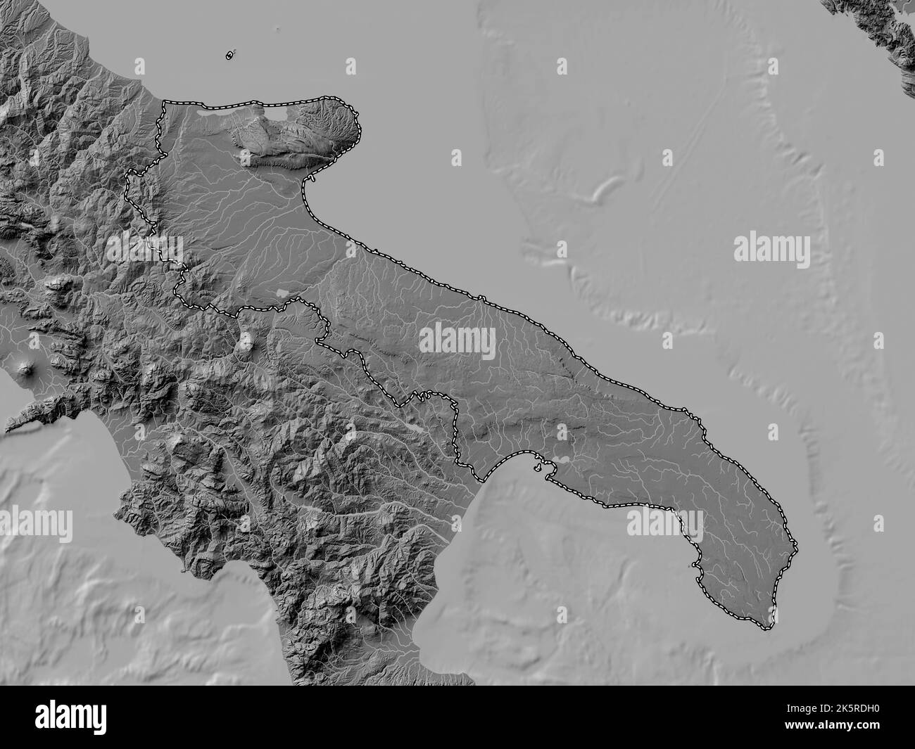 Puglia, regione d'Italia. Mappa altimetrica bilivello con laghi e fiumi Foto Stock