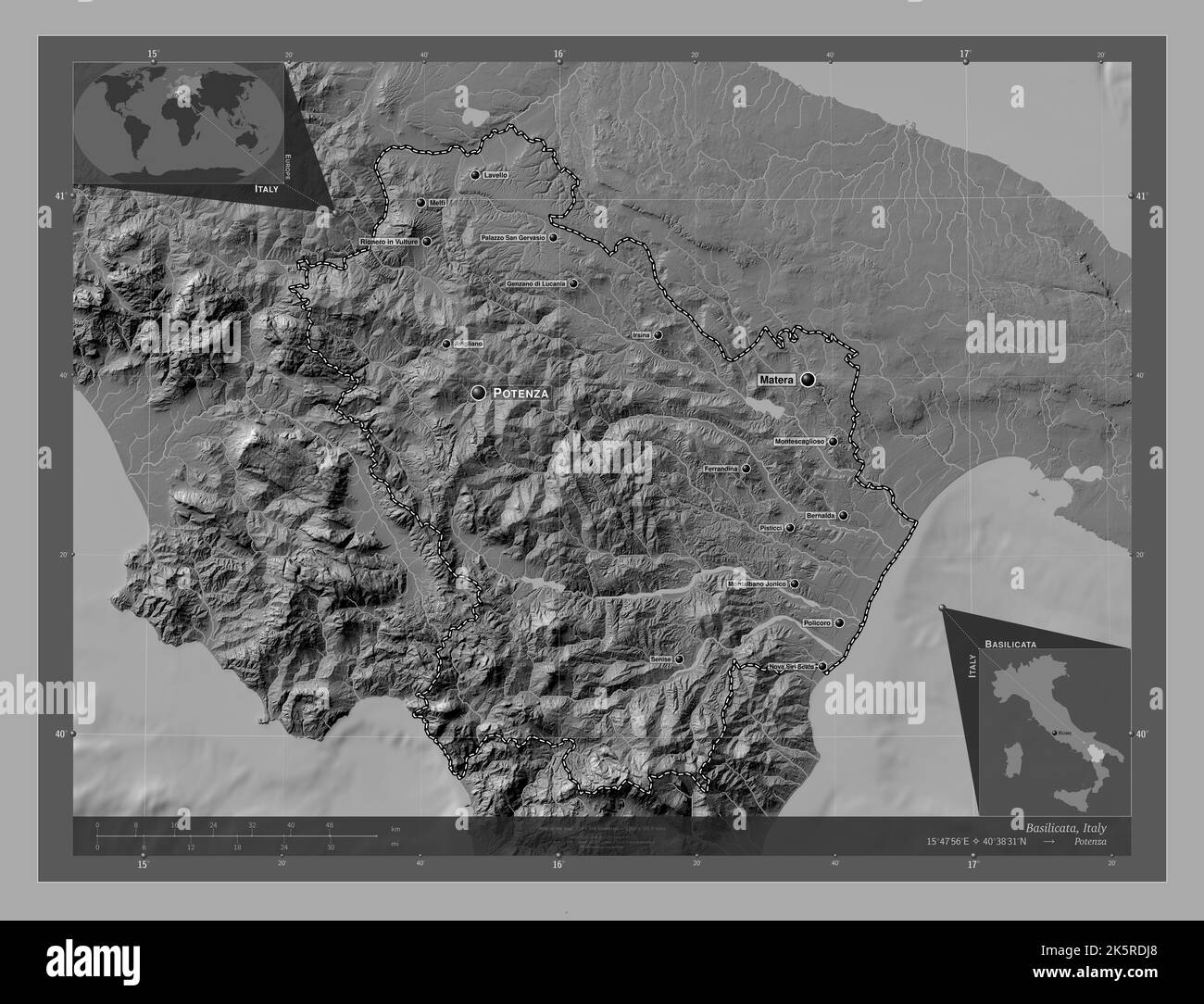 Basilicata, regione d'Italia. Mappa altimetrica bilivello con laghi e fiumi. Località e nomi delle principali città della regione. Posizione ausiliaria ad angolo Foto Stock