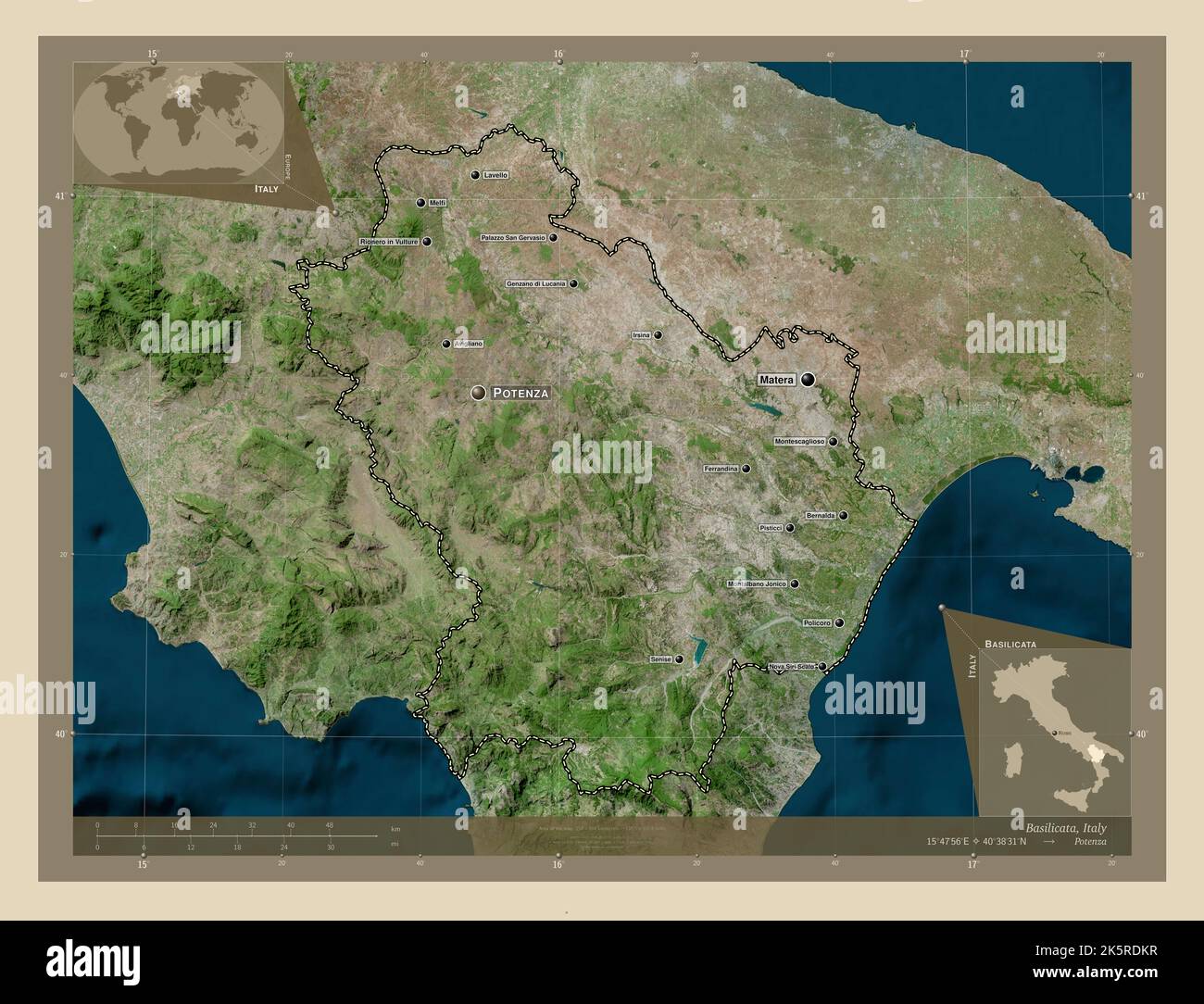 Basilicata, regione d'Italia. Mappa satellitare ad alta risoluzione. Località e nomi delle principali città della regione. Mappe delle posizioni ausiliarie degli angoli Foto Stock