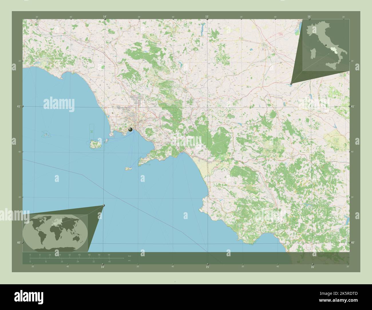 Campania, regione d'Italia. Aprire la mappa stradale. Mappe delle posizioni ausiliarie degli angoli Foto Stock