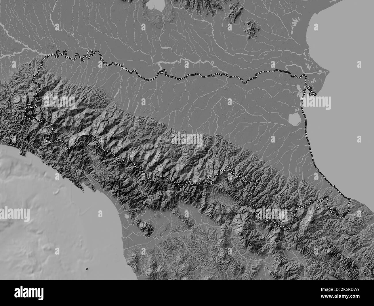 Emilia-Romagna, regione d'Italia. Mappa altimetrica bilivello con laghi e fiumi Foto Stock