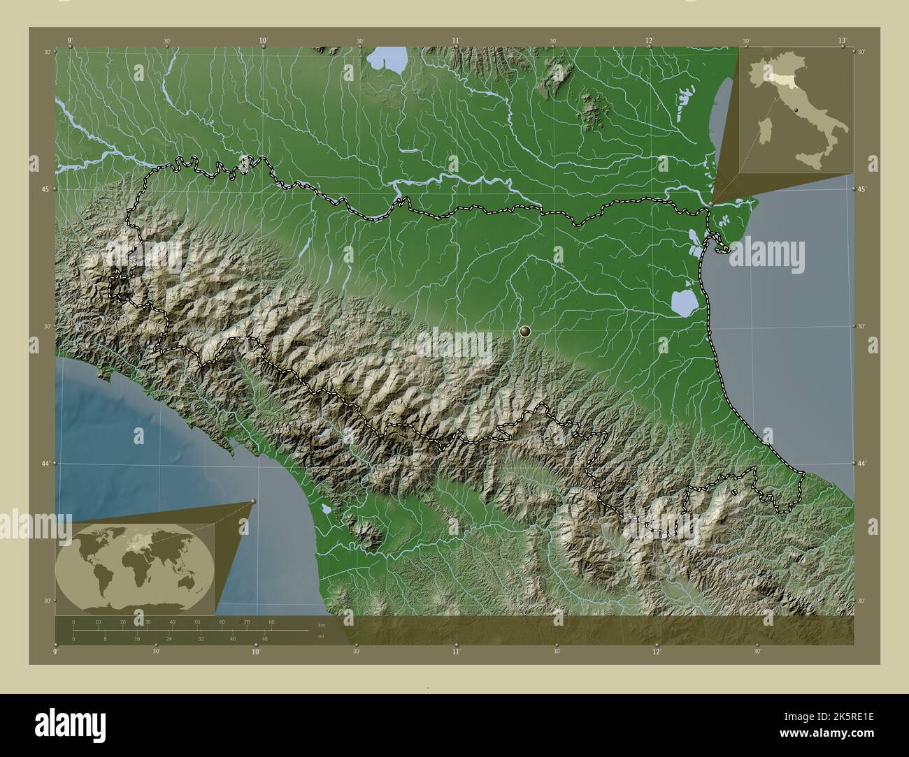 Emilia-Romagna, regione d'Italia. Mappa dell'altitudine colorata in stile wiki con laghi e fiumi. Mappe delle posizioni ausiliarie degli angoli Foto Stock