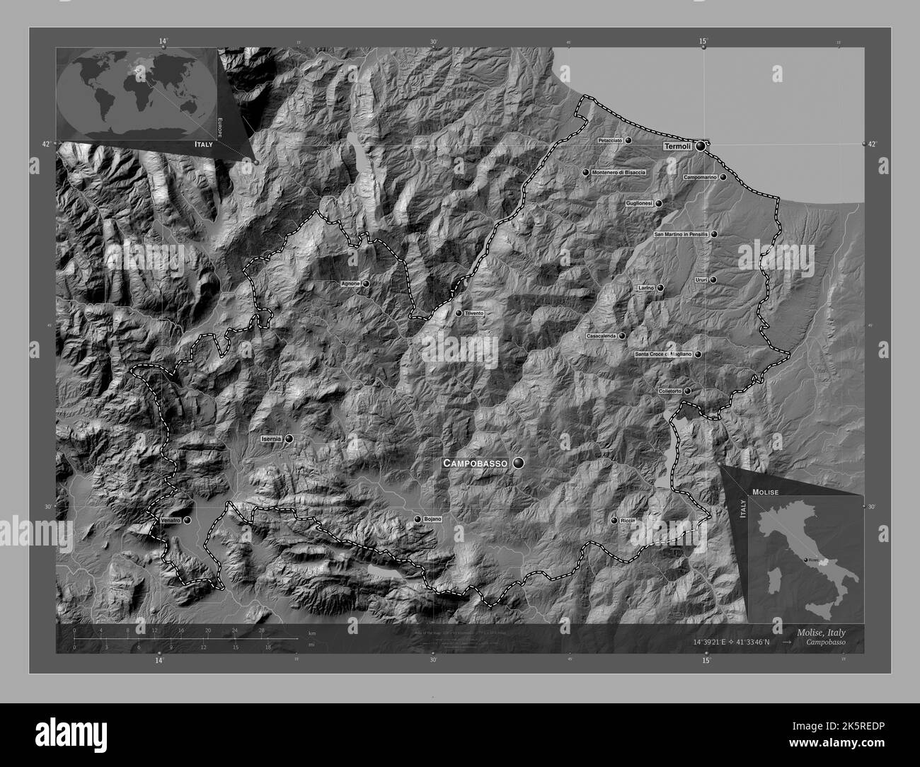 Molise, regione d'Italia. Mappa altimetrica bilivello con laghi e fiumi. Località e nomi delle principali città della regione. Mappa della posizione ausiliaria ad angolo Foto Stock