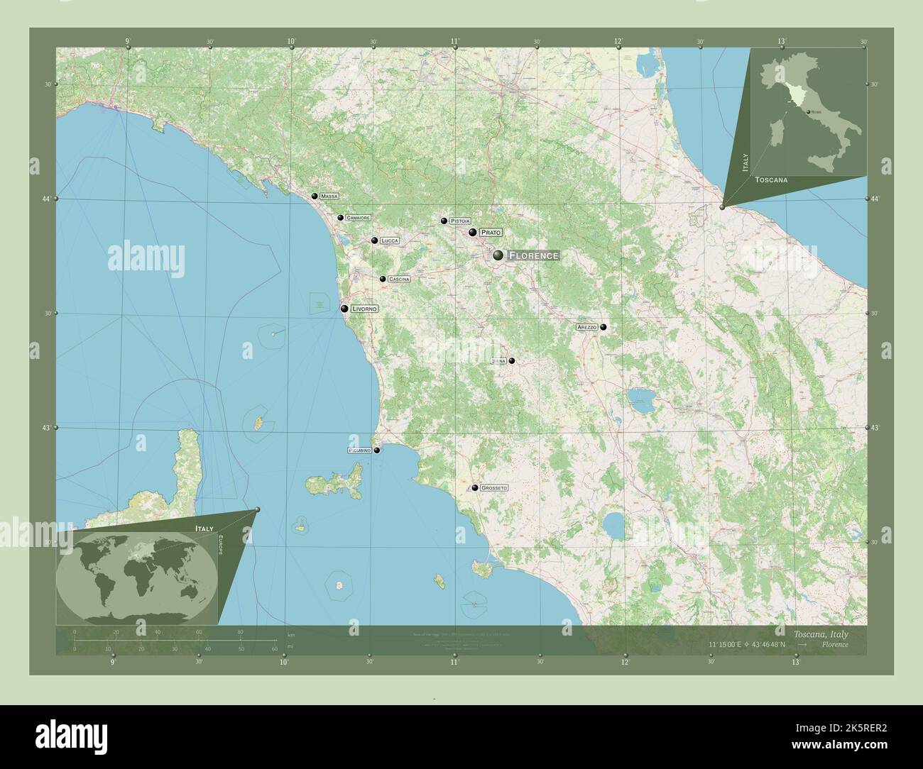 Toscana, regione d'Italia. Aprire la mappa stradale. Località e nomi delle principali città della regione. Mappe delle posizioni ausiliarie degli angoli Foto Stock