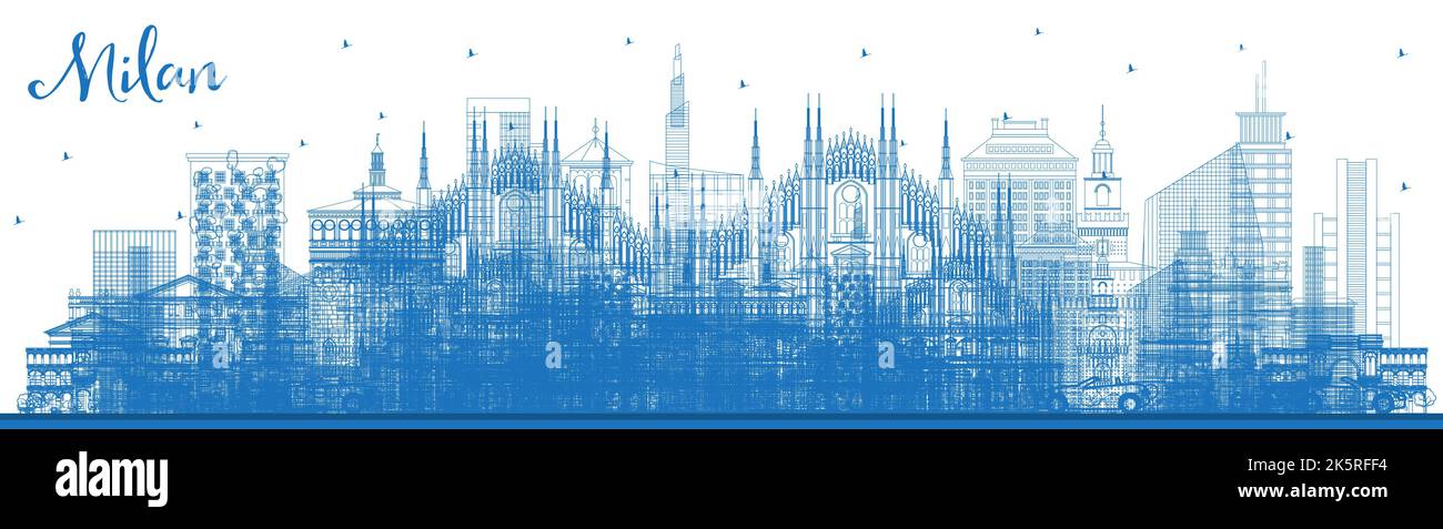 Profilo Milano Italia skyline della città con edifici di colore blu. Illustrazione Vettoriale. Viaggi di lavoro e di concetto con architettura storica. Illustrazione Vettoriale