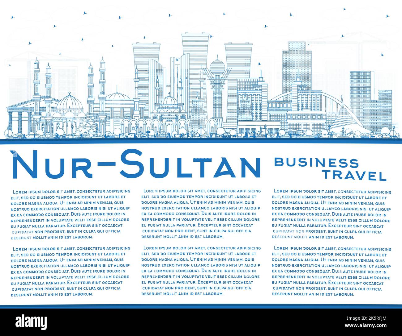 Delineate lo skyline di Nur-Sultan Kazakhstan City con edifici blu e Copy Space. Illustrazione vettoriale. Paesaggio urbano di Nur-Sultan con punti di riferimento. Illustrazione Vettoriale
