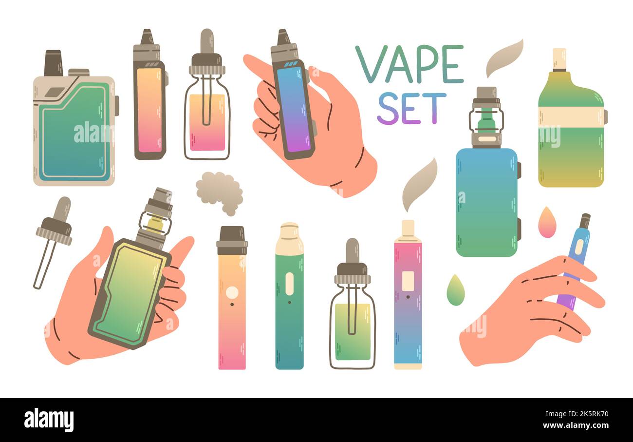 Vape negozio set colorato. Sigarette elettroniche e set di nastri. Illustrazione vettoriale moderna Illustrazione Vettoriale