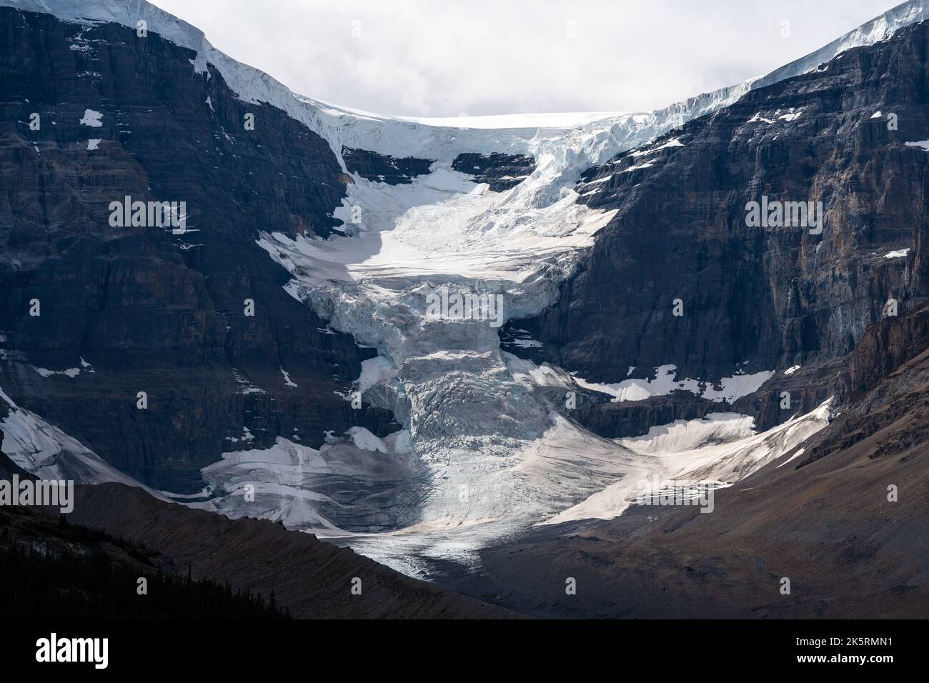 Ghiacciaio con il Columbia Icefield in cima, parco nazionale Jasper, Alberta, Canada. Foto Stock