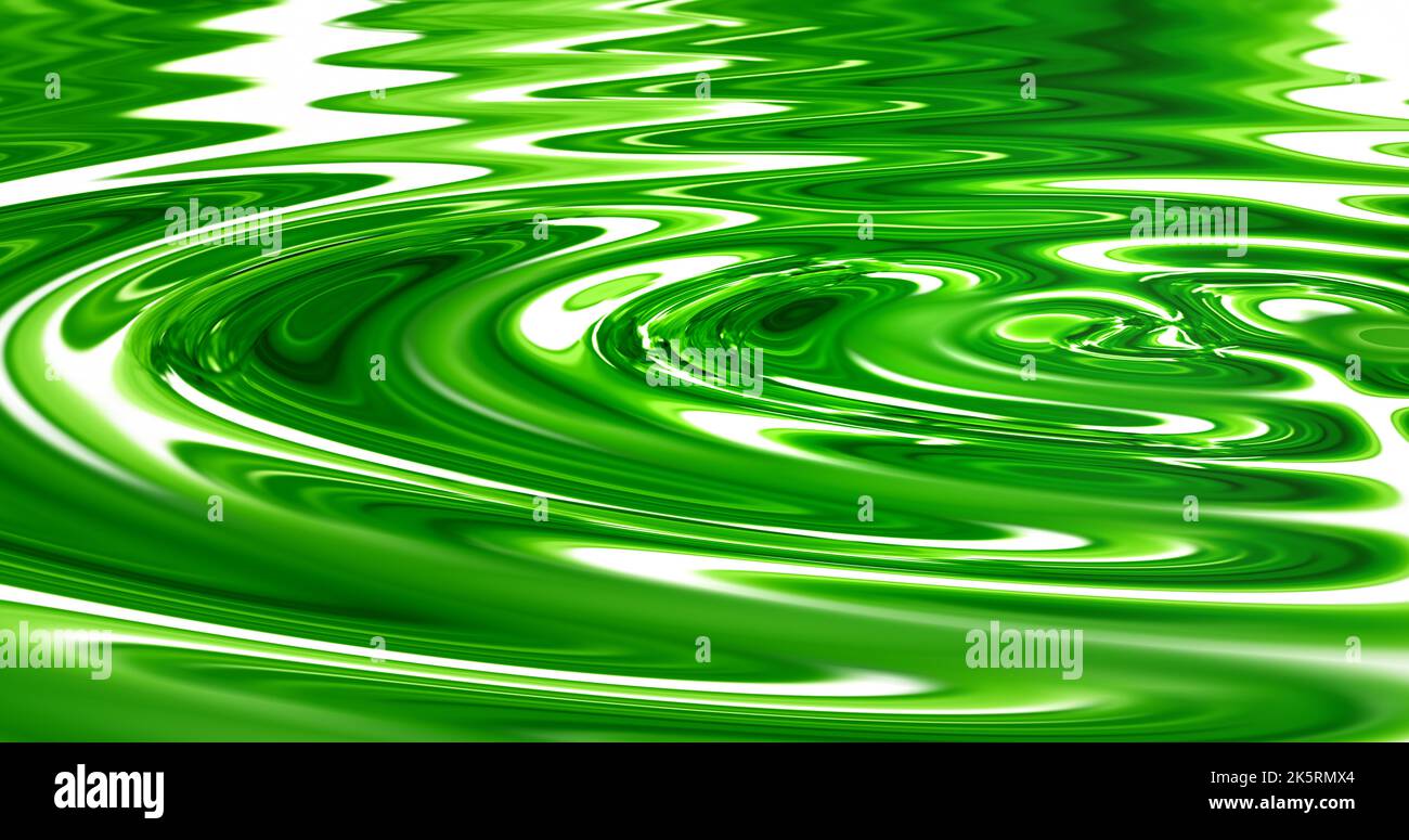 3D, animate e VFX di onde al neon, lucide e futuristiche che fanno increspature in sostanza verde liquido. Texture, movimento e piscina con zen incandescente Foto Stock