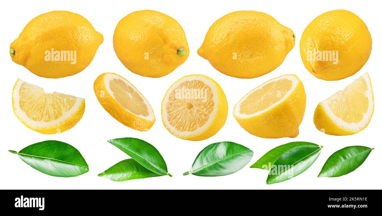 Set di limoni maturi, foglie di limone e varietà di fettine di limone su sfondo bianco. Il file contiene tracciati di ritaglio. Foto Stock