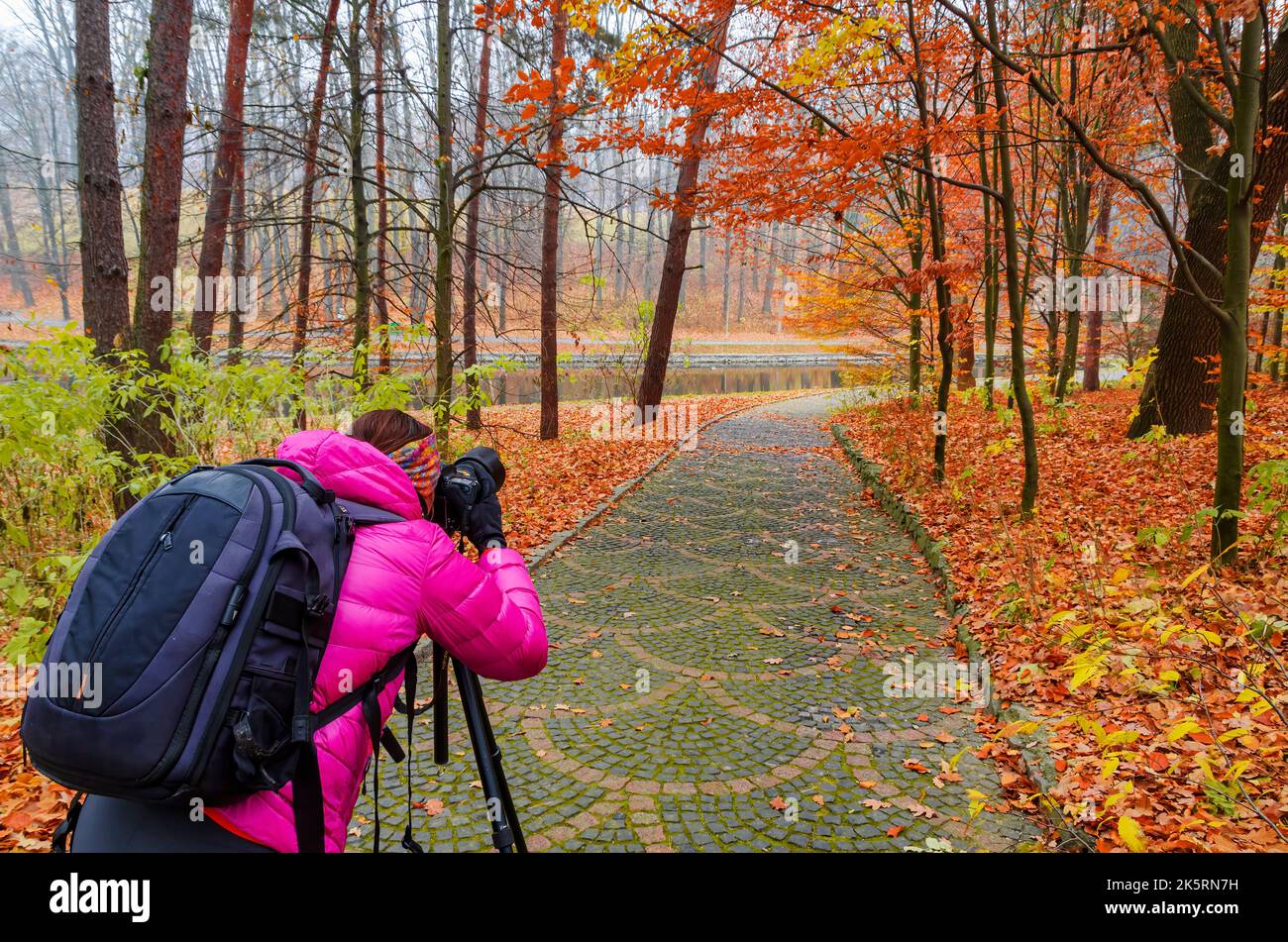Il fotografo scatta foto nel parco autunnale. Foto Stock