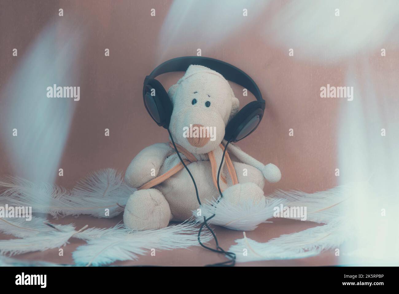 un orsetto di peluche si insedia nelle cuffie sullo sfondo di piume bianche e piume che cadono dall'alto, sfocate in movimento. concetto di musica leggera. morbido Foto Stock un orsetto di peluche si insedia nelle cuffie sullo sfondo di piume bianche e piume che cadono dall'alto, sfocate in movimento. concetto di musica leggera. morbido Foto Stock
