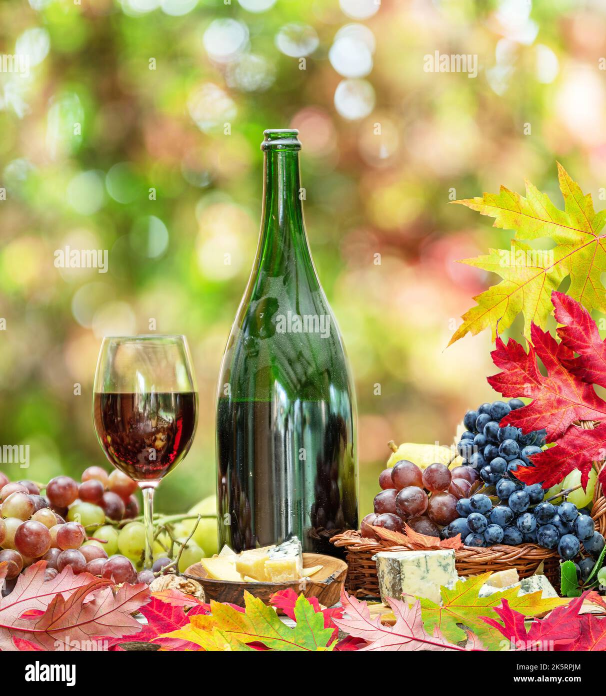 Uva, bottiglia di vino e formaggi diversi su tavola di legno di campagna e sfocato sfondo colorato autunno. Varietà di prodotti come il simbolo di autu Foto Stock