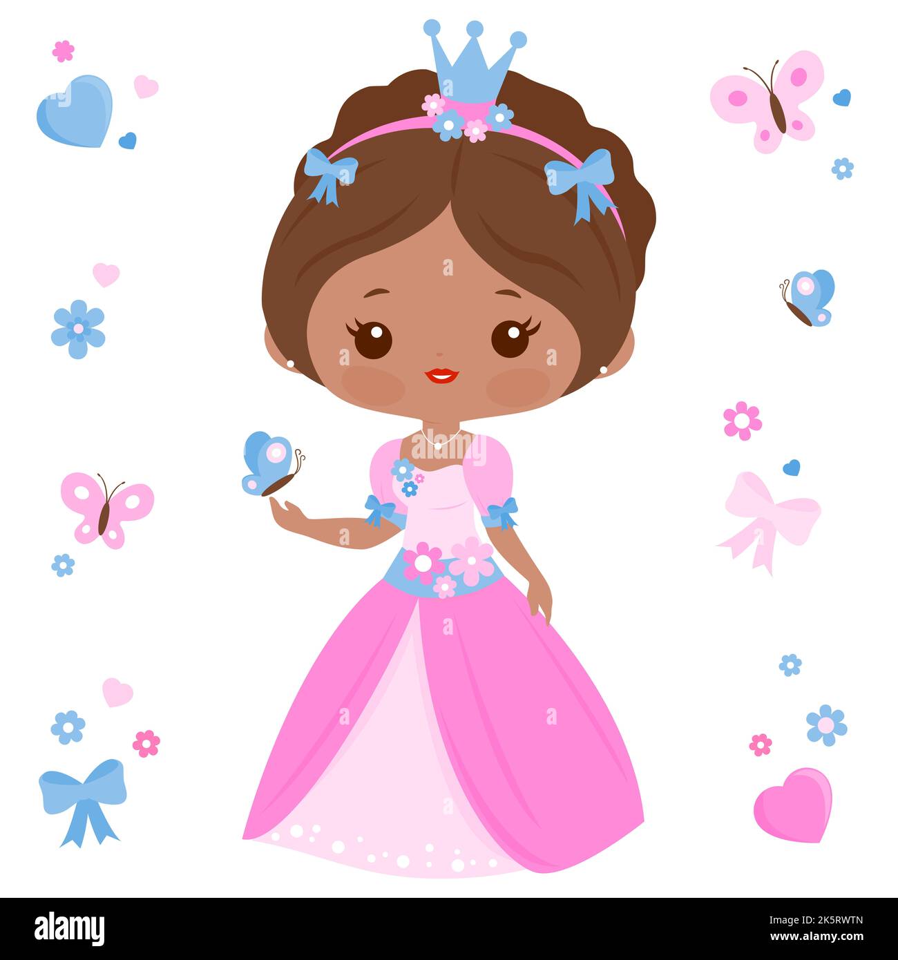 Una bella principessa con un bel vestito rosa e farfalle. Set di illustrazioni Foto Stock