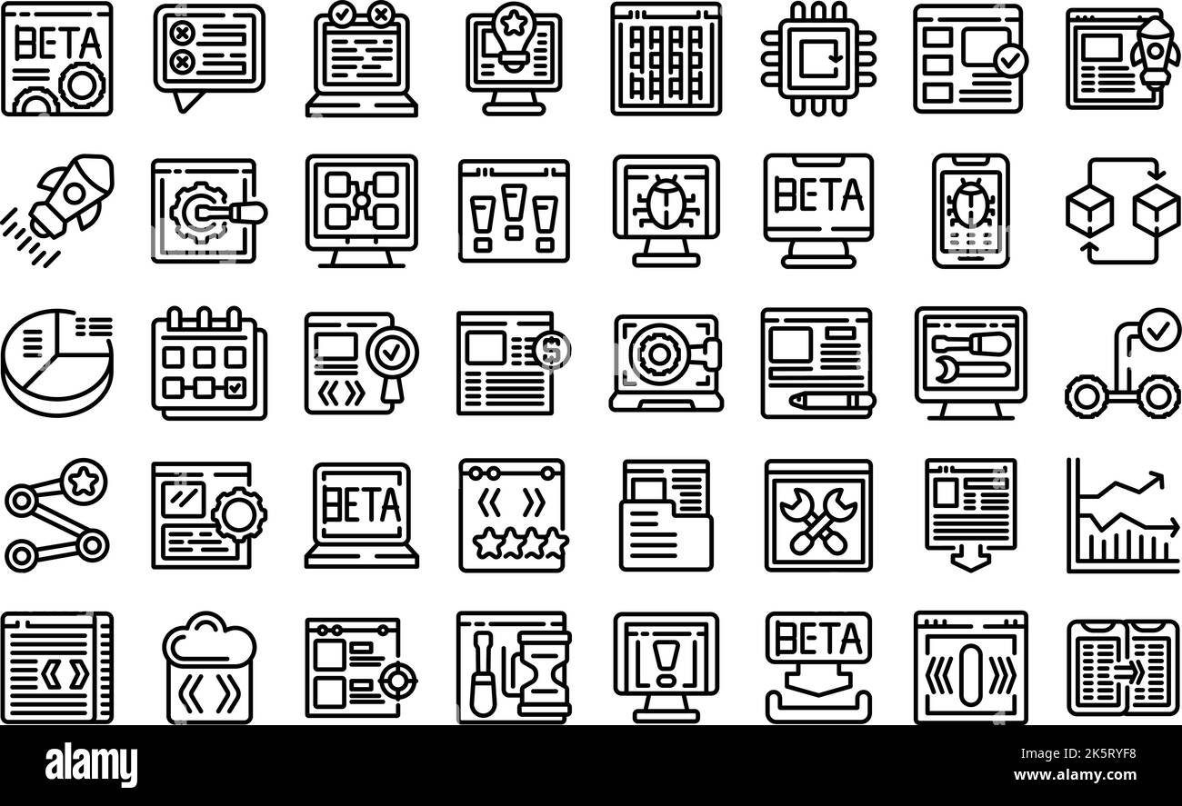 Le icone della versione beta impostano il vettore di contorno. Bug di compilazione. Applicazione codice Illustrazione Vettoriale