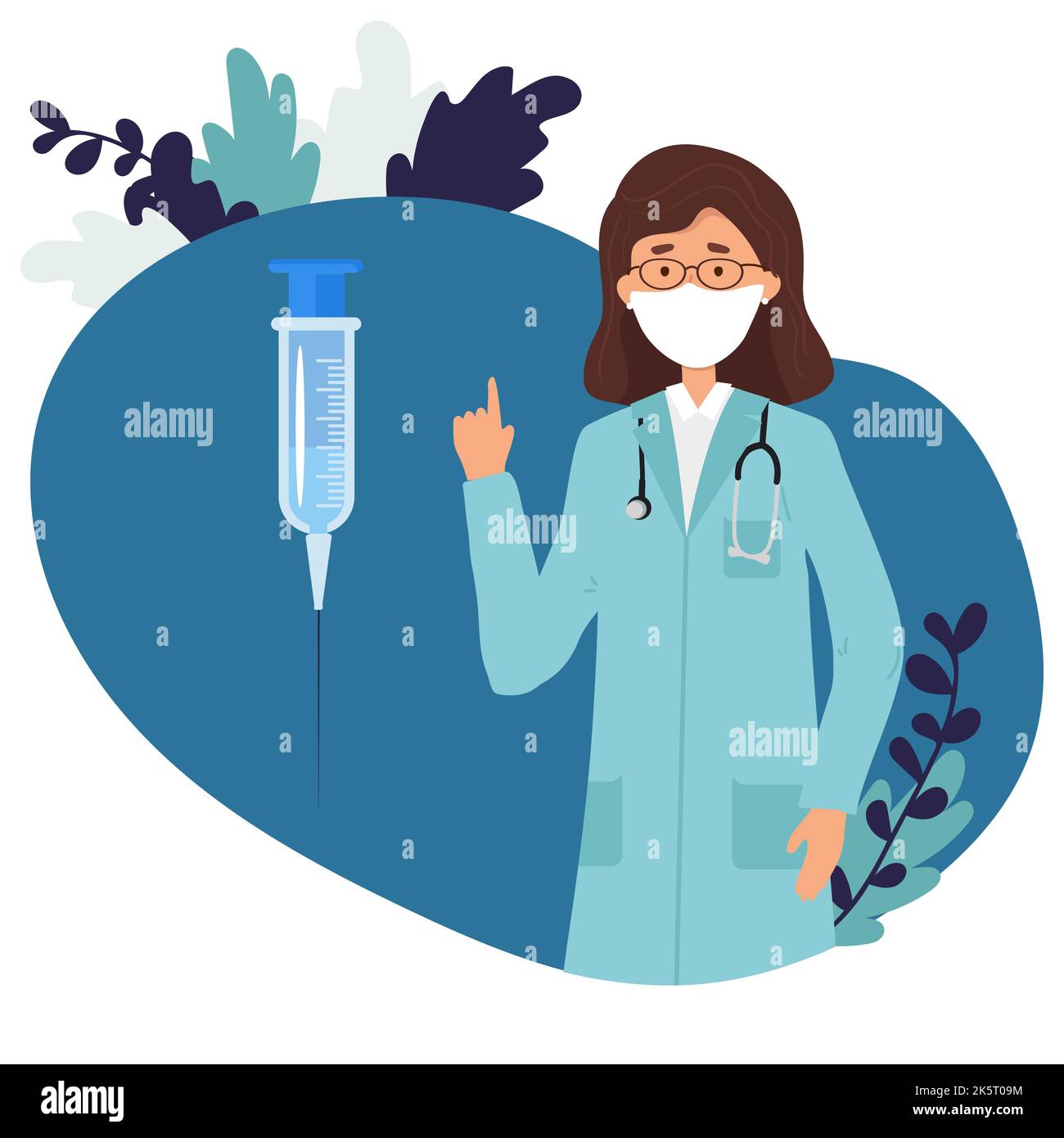 Il medico con siringa grande e il vaccino previene la diffusione di coronavirus terribile. Vaccinazione. La medicina di concetto protegge la gente dall'influenza. La medicina protegge Illustrazione Vettoriale