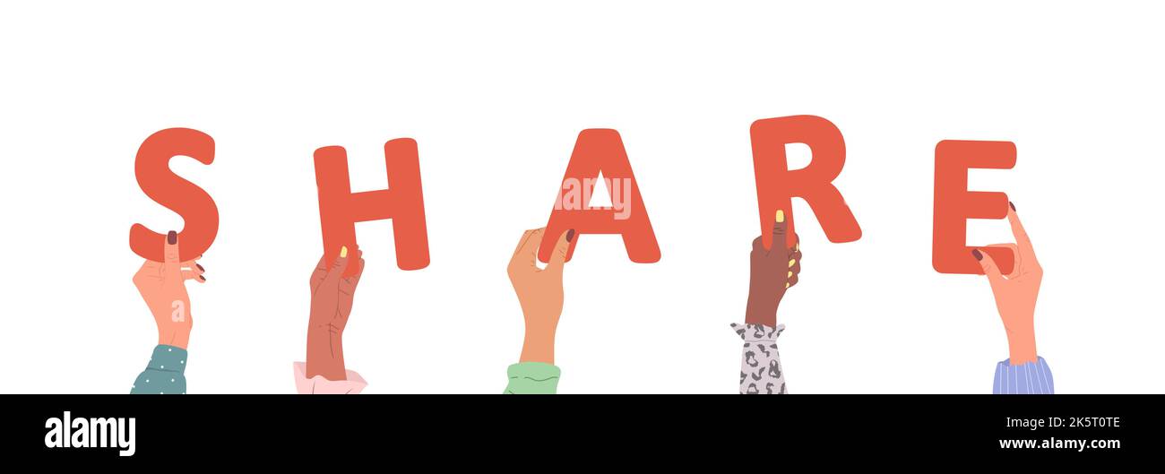 Gruppo di diverse mani femminili che tengono la parola rossa Condividi. Diverse persone multietniche sono insieme. Illustrazione disegnata a mano vettoriale in stile cartoon Illustrazione Vettoriale