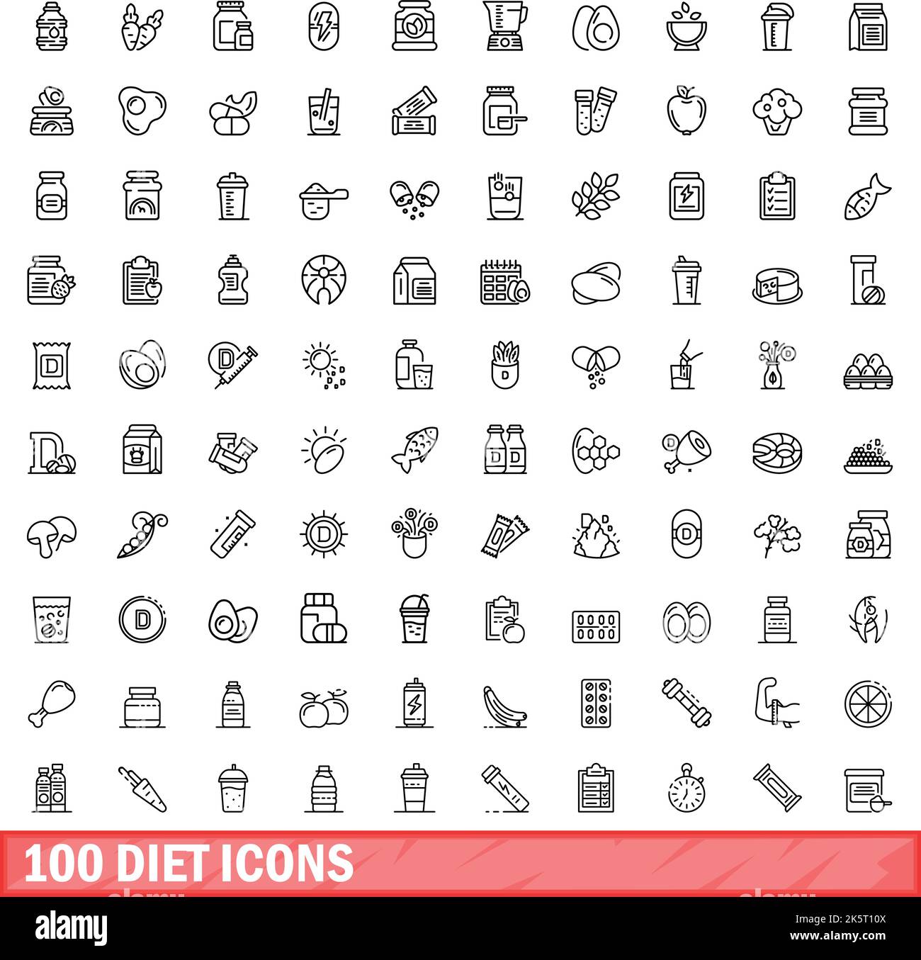 set di 100 icone per la dieta. Illustrazione di contorno di 100 icone di dieta insieme di vettore isolato su sfondo bianco Illustrazione Vettoriale