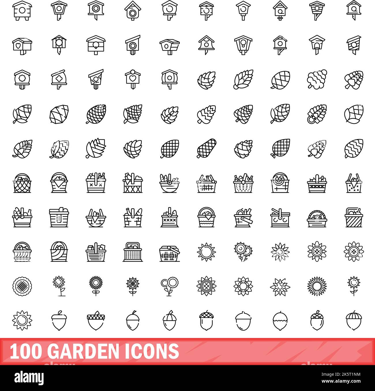 100 icone giardino impostate. Illustrazione del contorno di 100 icone del giardino insieme vettoriale isolato su sfondo bianco Illustrazione Vettoriale