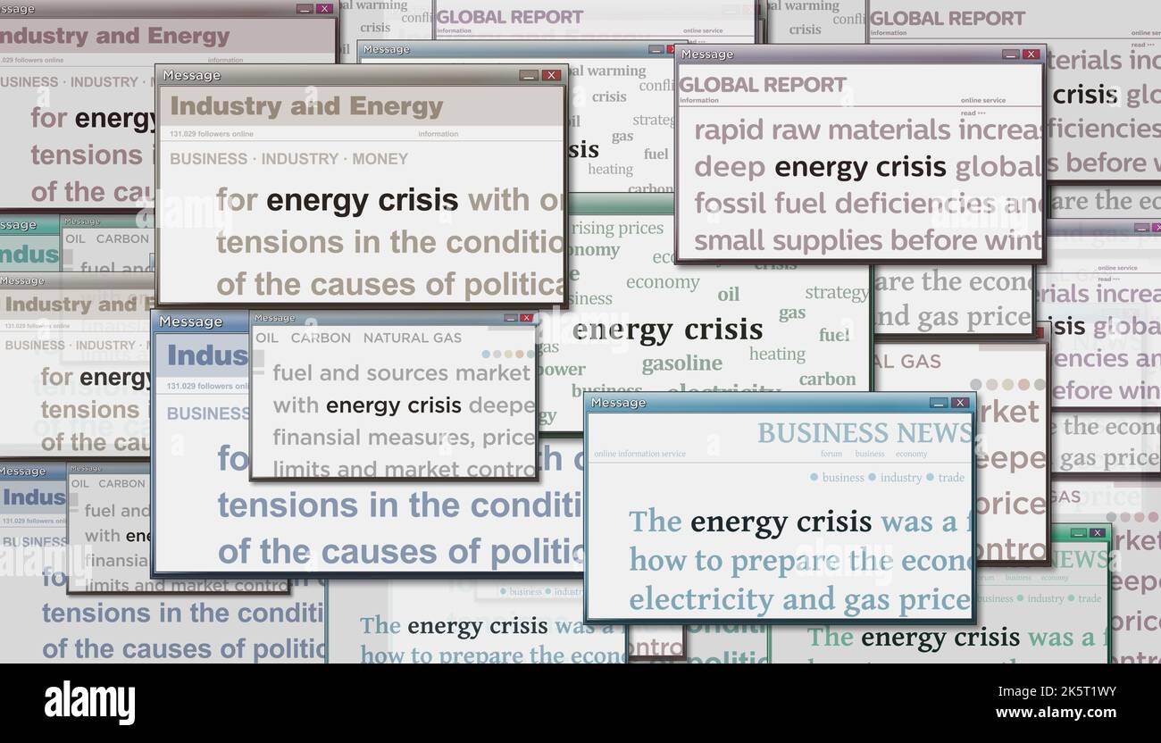 Notizie principali attraverso i media internazionali con la crisi energetica, l'aumento dei prezzi del riscaldamento e il problema energetico. Concetto astratto di titoli di notizie sul rumore Foto Stock