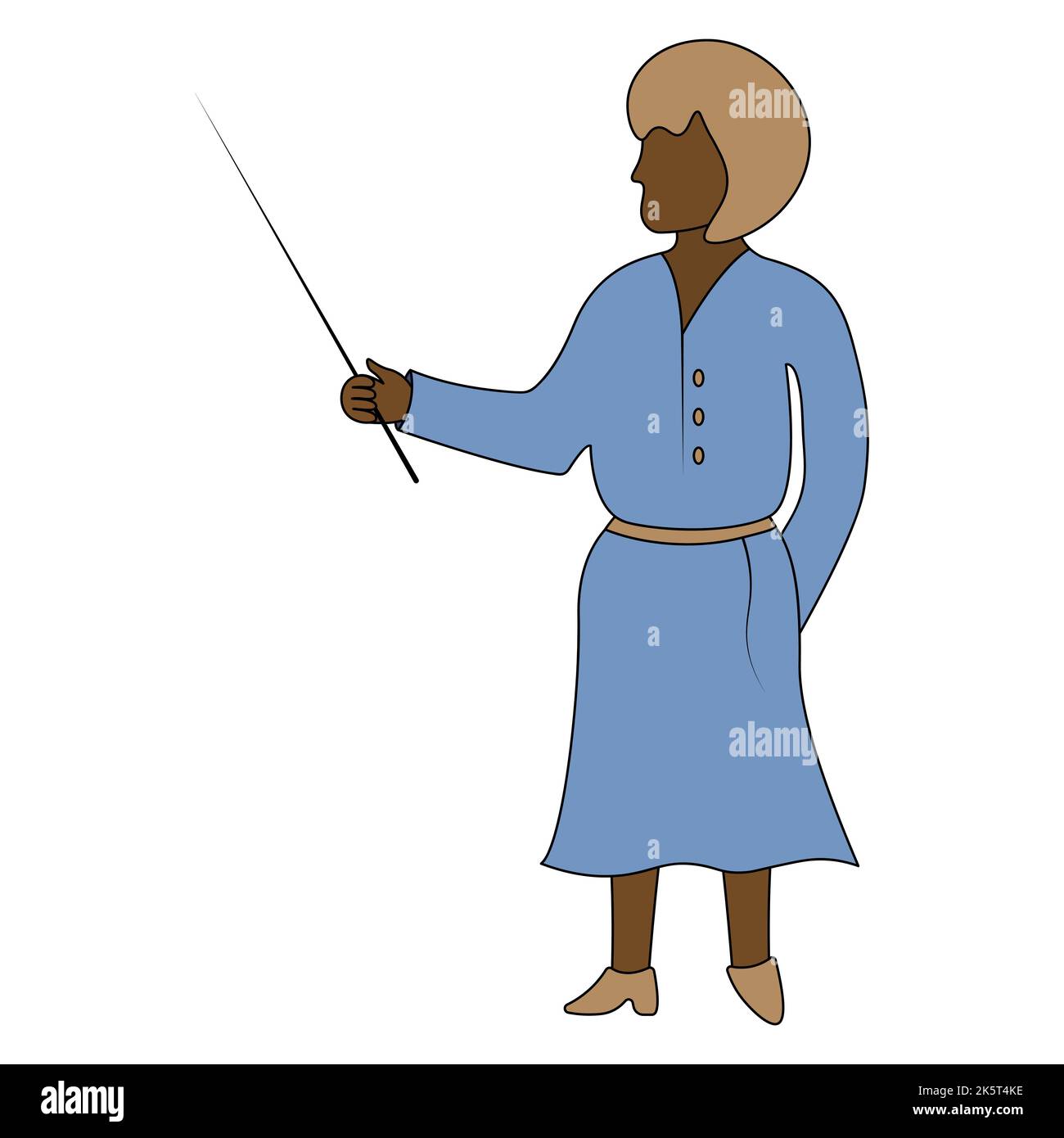 L'insegnante insegna una lezione a scuola. Una donna afroamericana vestita in blu tiene un puntatore in mano. Illustrazione del vettore dei colori. Tema scolastico Illustrazione Vettoriale