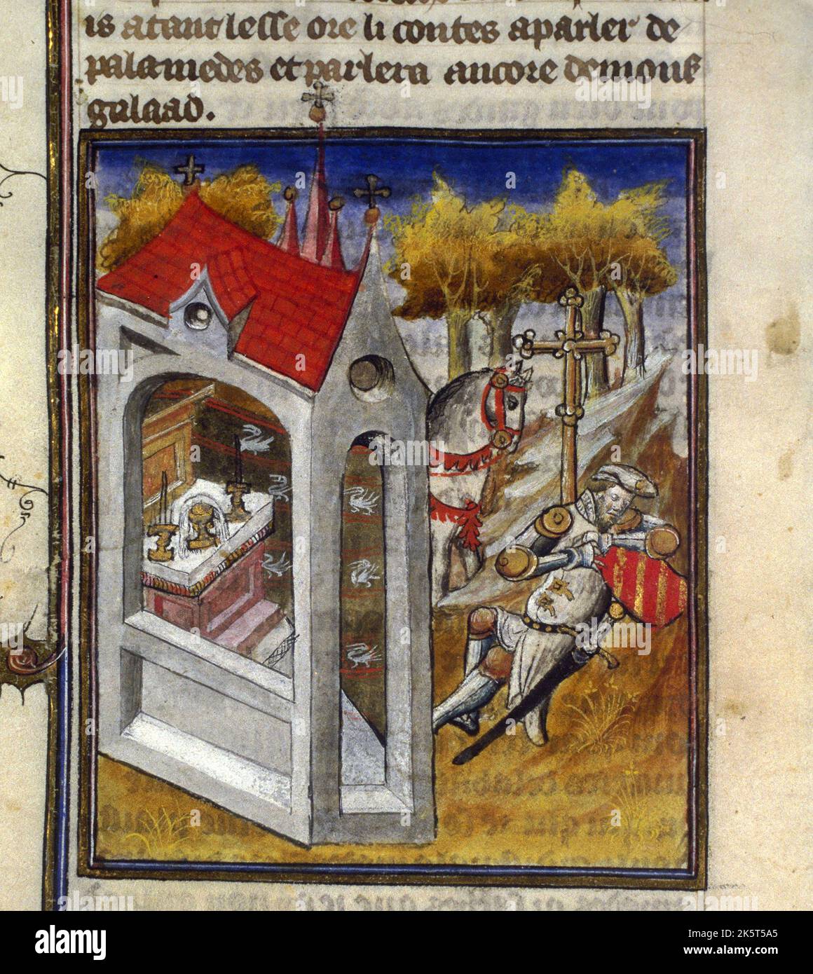 Lancelot alla Cappella del Santo Graal. Da Tristan de L&#xe9;onois, inizio 15th . Trovato nella collezione della Biblioth&#xe8;que Nationale de France. Foto Stock