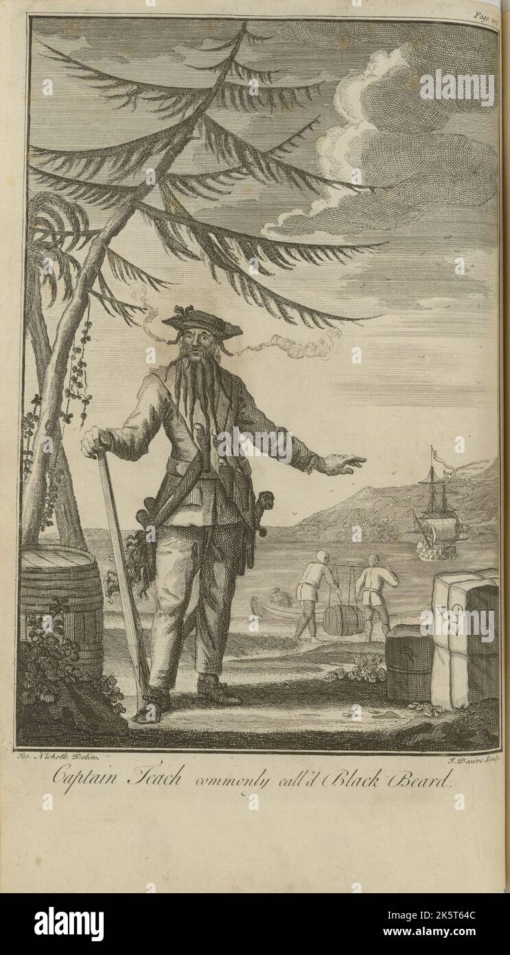 Ritratto del pirata Edward Teach, noto come Blackbeard, 1736. Collezione privata. Foto Stock