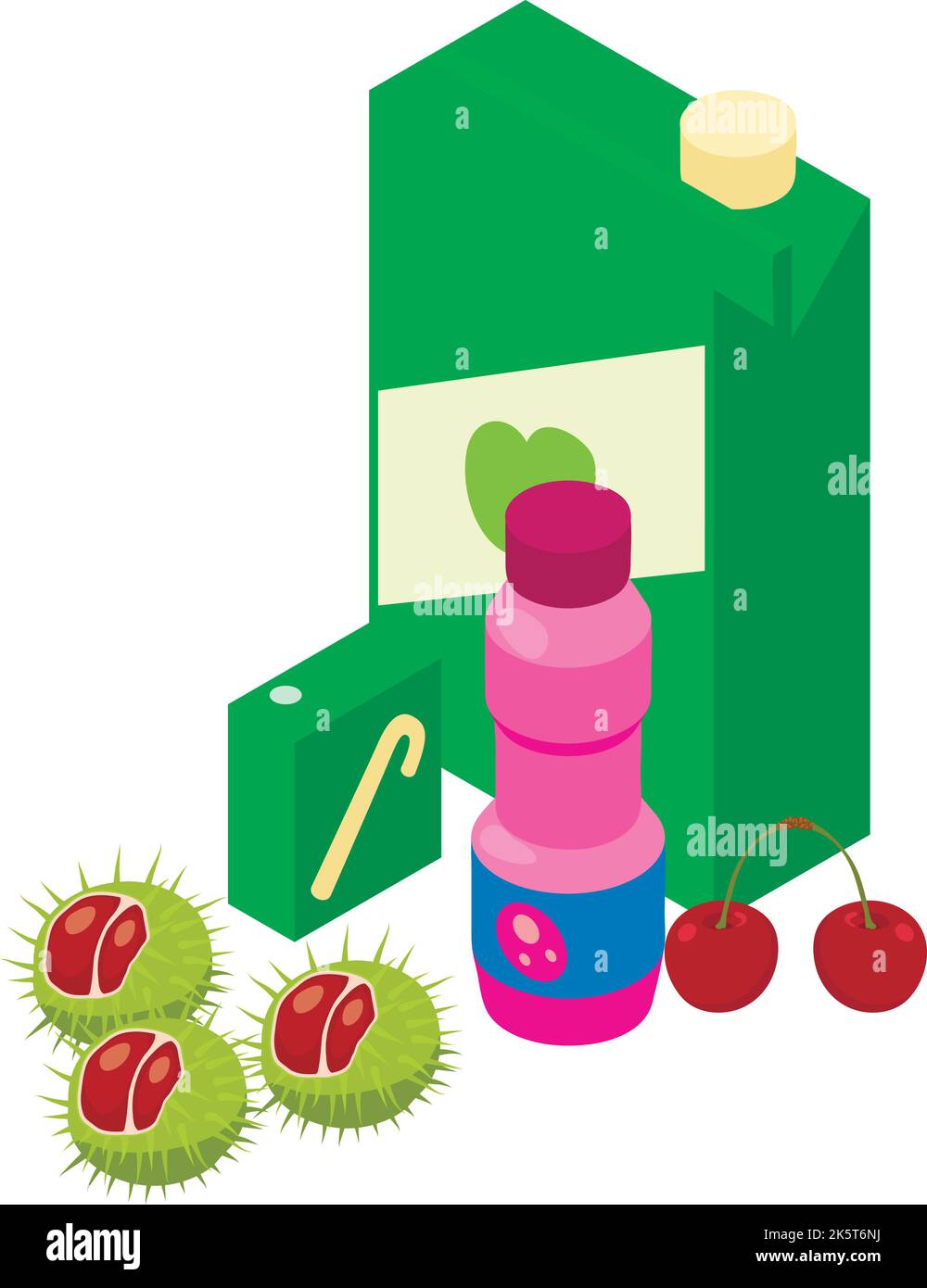 Vettore isometrico dell'icona del cibo confezionato. Confezione di succhi naturali e bottiglia di yogurt. Bevande e cibo Illustrazione Vettoriale