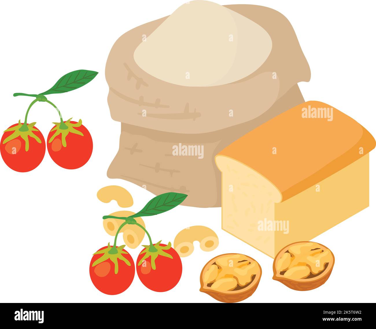 Vettore isometrico dell'icona del carb food. Sacchetto di farina, pagnotta di pane, noce e bacca di goji. Prodotti da forno, cucina Illustrazione Vettoriale