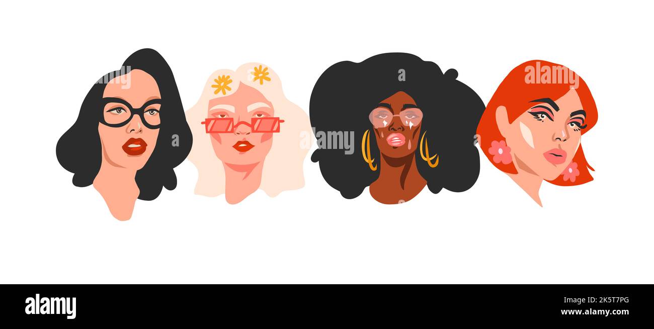 Disegno a mano vettoriale astratto stock piano grafica collezione di illustrazione con retro disco groovy vintage 60s,70s boho moderno diversi ritratti donna Illustrazione Vettoriale